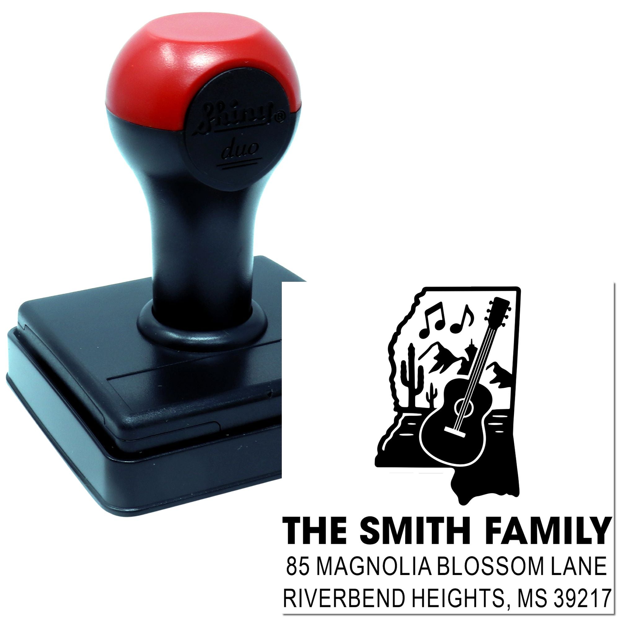 Custom self-inking rubber address stamp with music-themed family design and personalized Mississippi return address