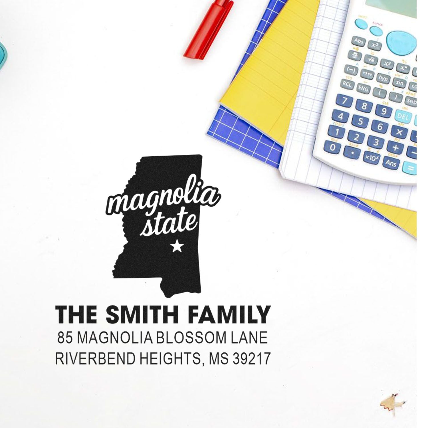 Custom Mississippi return address rubber stamp for The Smith Family with name and address
