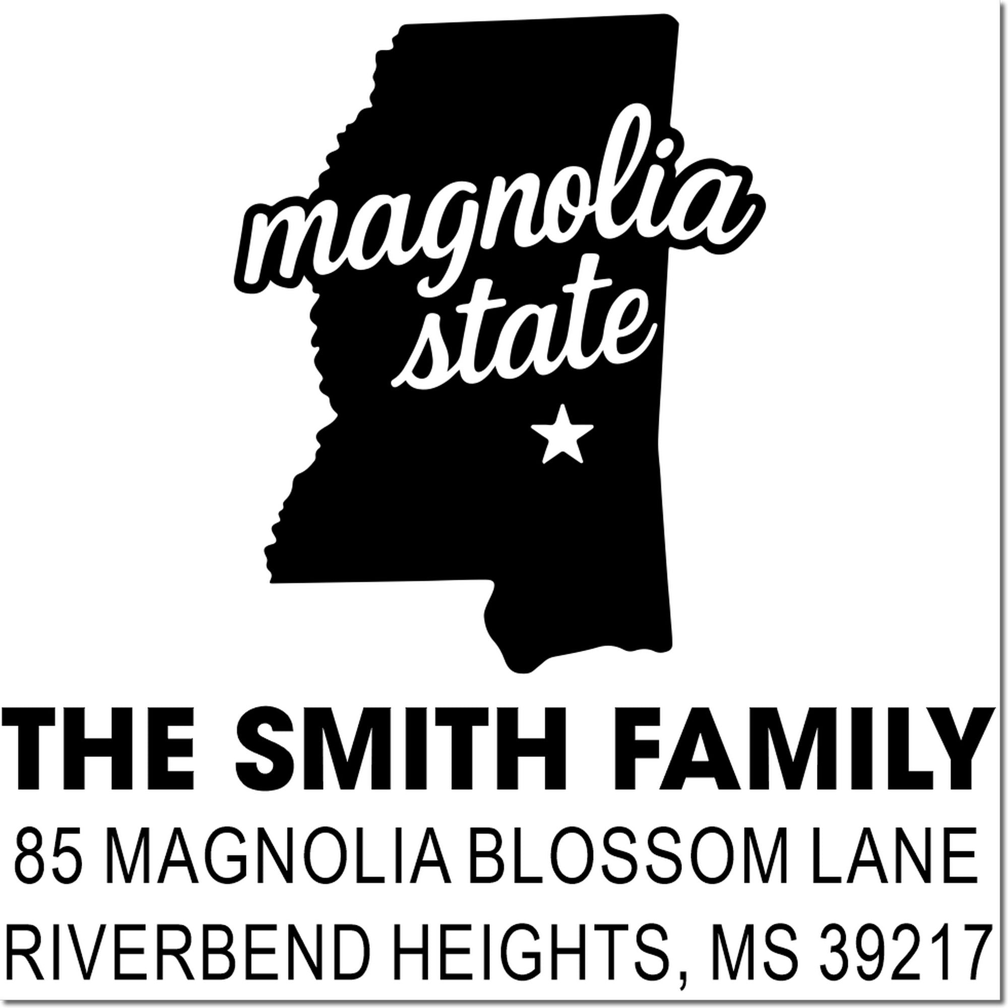 Personalized Mississippi return address rubber stamp with Magnolia State design for The Smith Family in Riverbend Heights, MS.