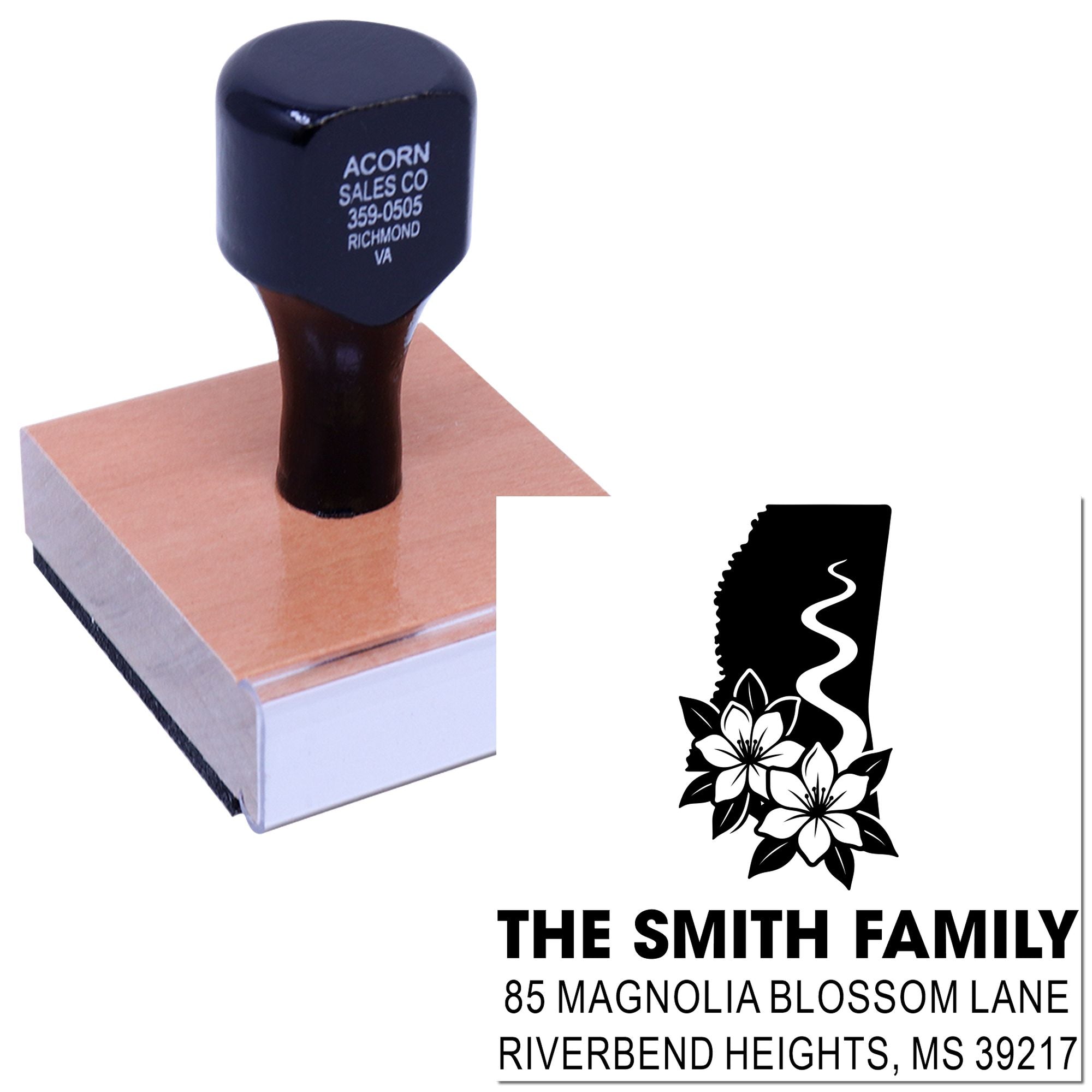 Custom rubber address stamp with floral monogram, family name, and return address for personalized mailing and invitations.