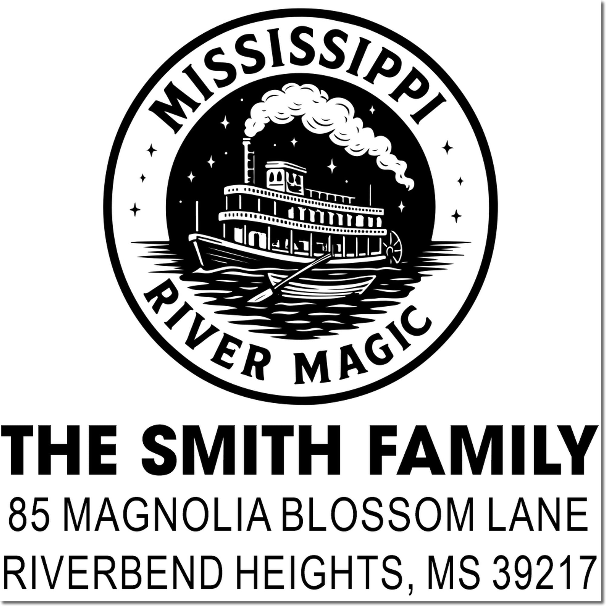 Custom Mississippi River Magic return address rubber stamp for The Smith Family, Riverbend Heights, MS 39217