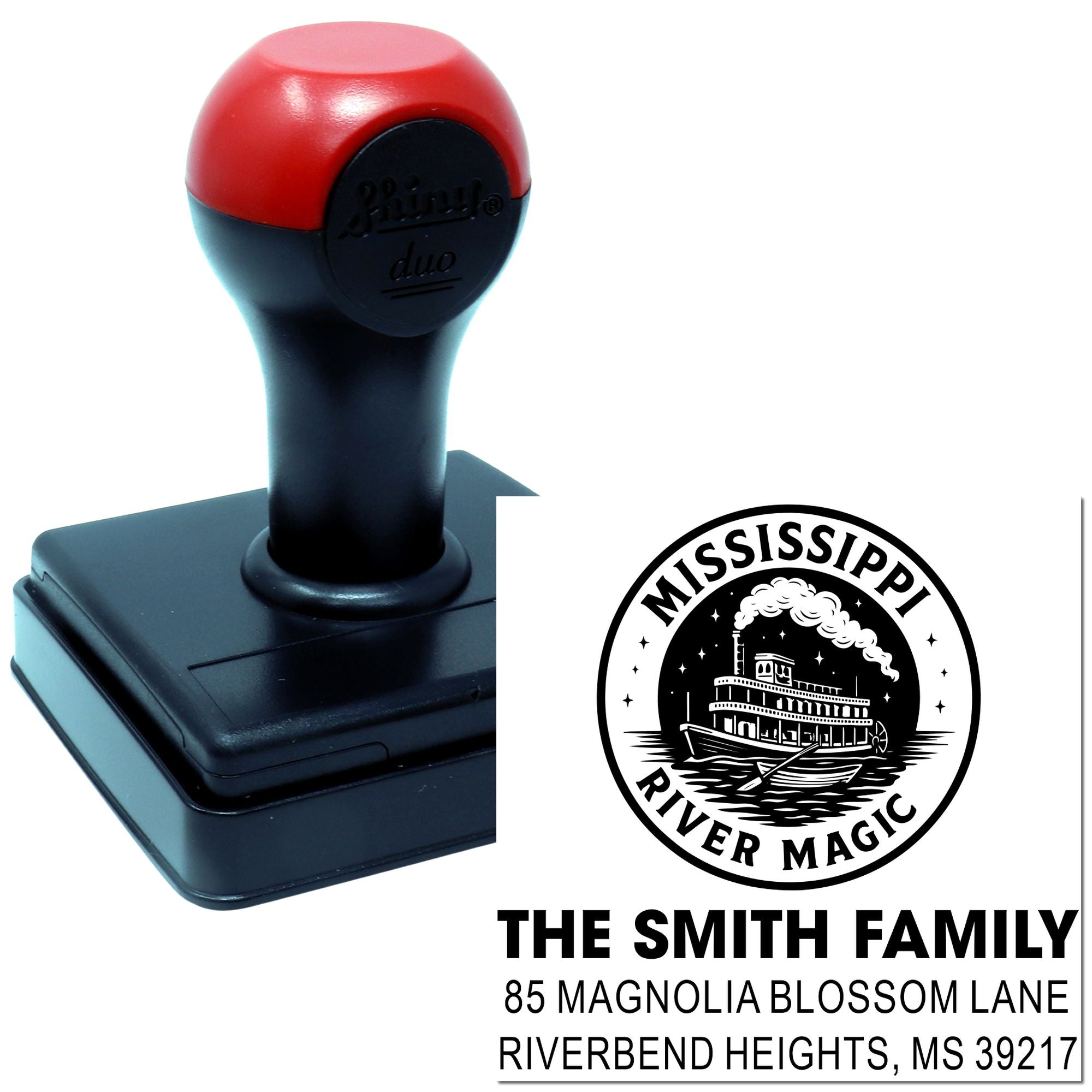 Custom rubber stamp with Mississippi River Magic logo and The Smith Family return address.