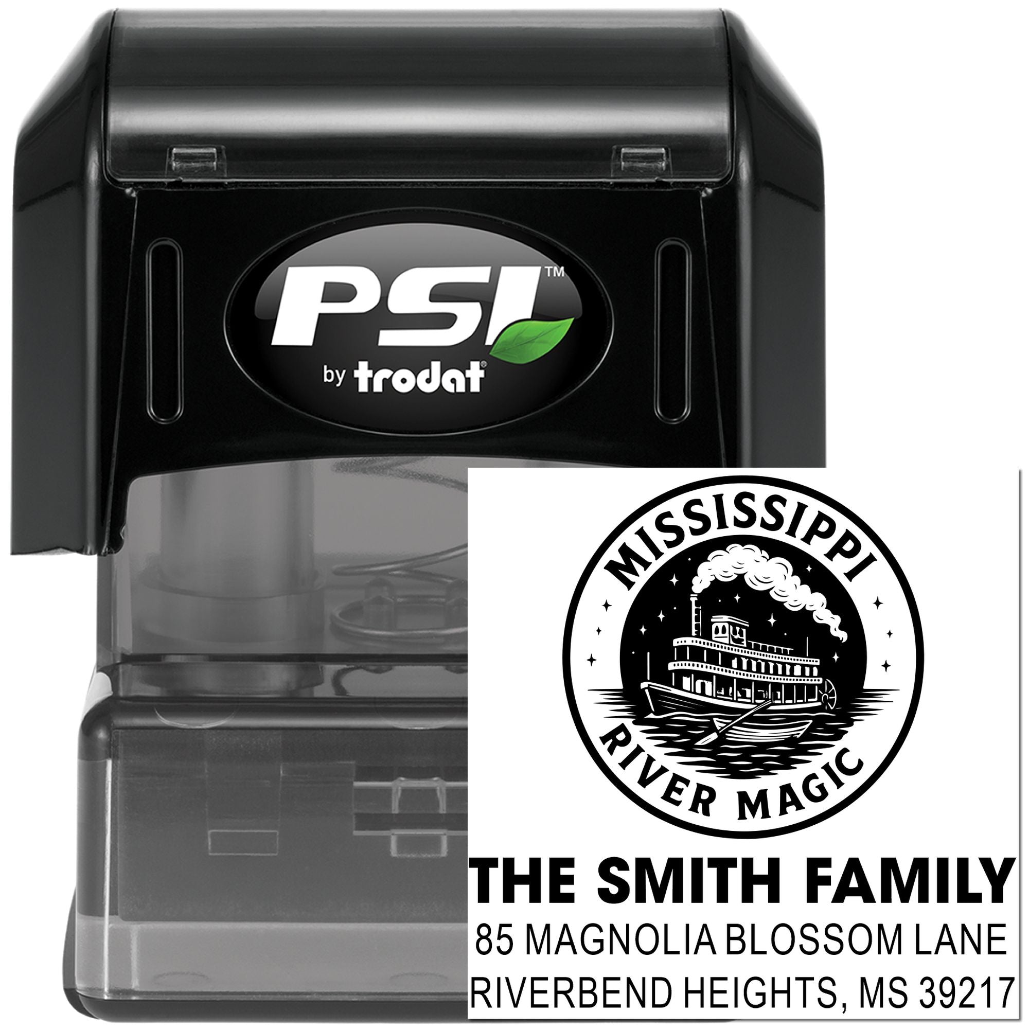 Custom self-inking rubber stamp for The Smith Family, Mississippi River Magic address stamp by PSI by Trodat.