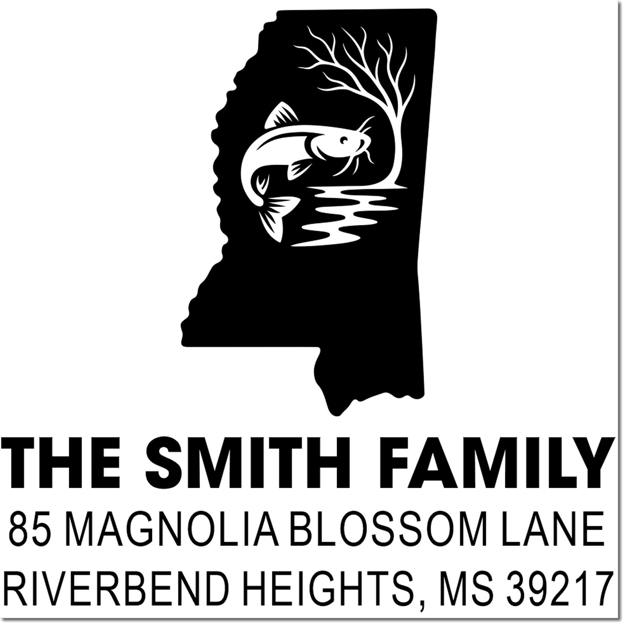 Custom Mississippi return address stamp with fish and tree design for The Smith Family, 85 Magnolia Blossom Lane, MS 39217