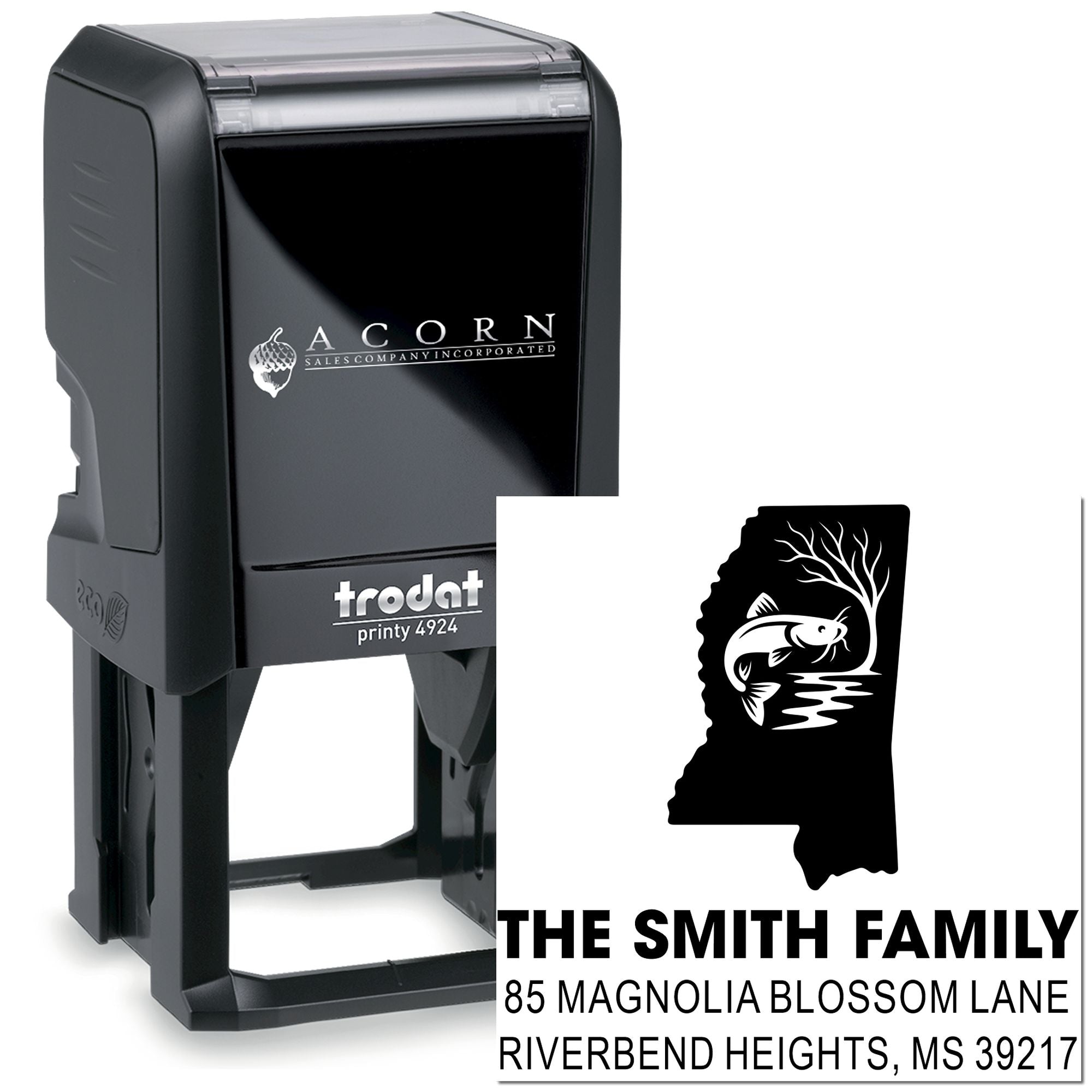 Custom self-inking rubber address stamp with family name, Mississippi state fish design, and return mailing address.