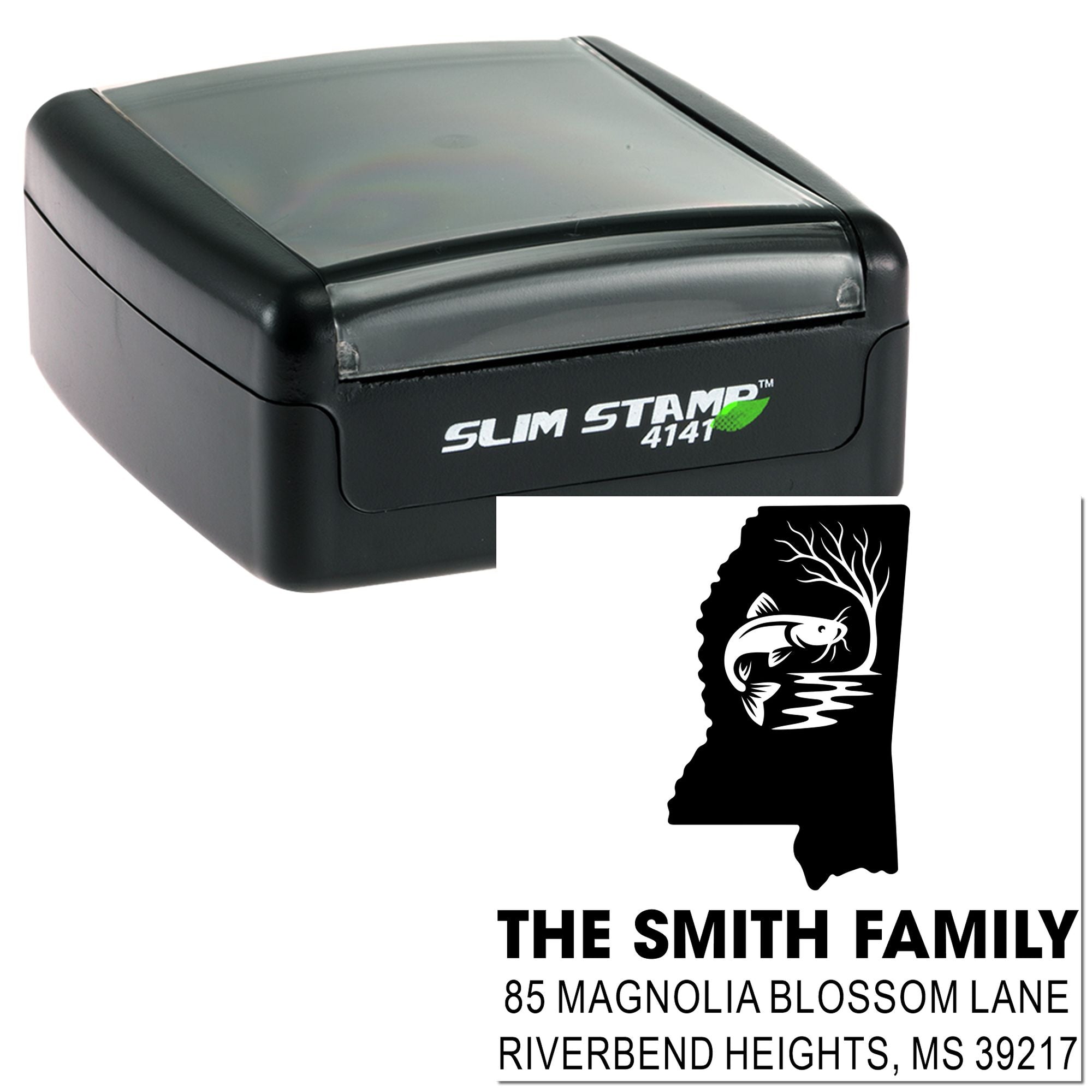 Custom self-inking rubber stamp with fish design for The Smith Family address label in Riverbend Heights, MS