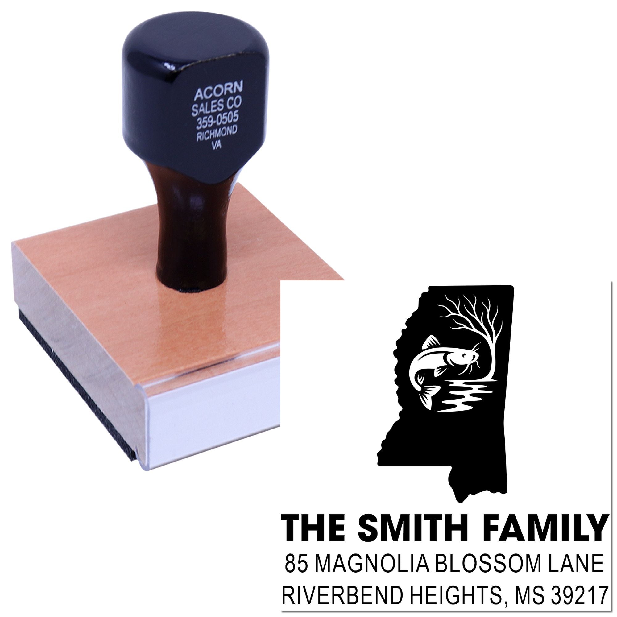 Custom address rubber stamp with family name and fish logo for personalized return mailing.