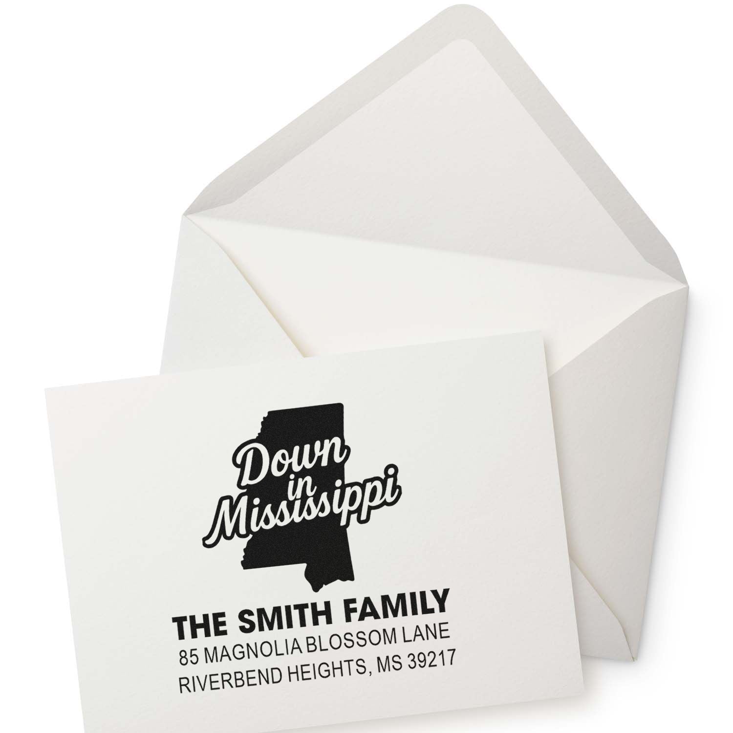 Custom return address rubber stamp for The Smith Family, featuring Mississippi design for personalized envelope and mailings.