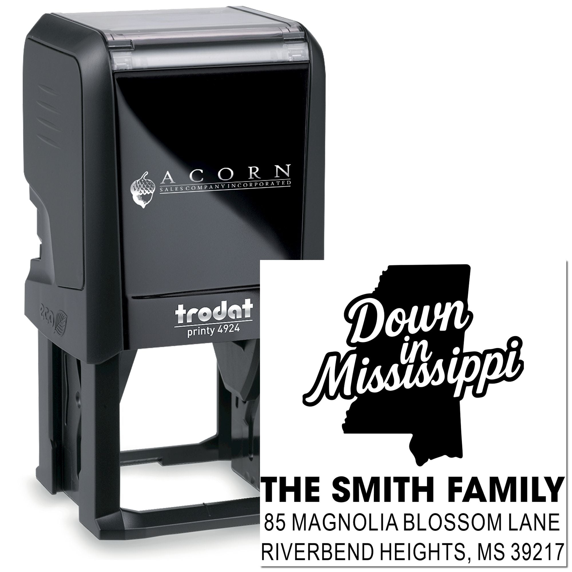 Custom self-inking rubber address stamp with Down in Mississippi design for personalized family mailing.