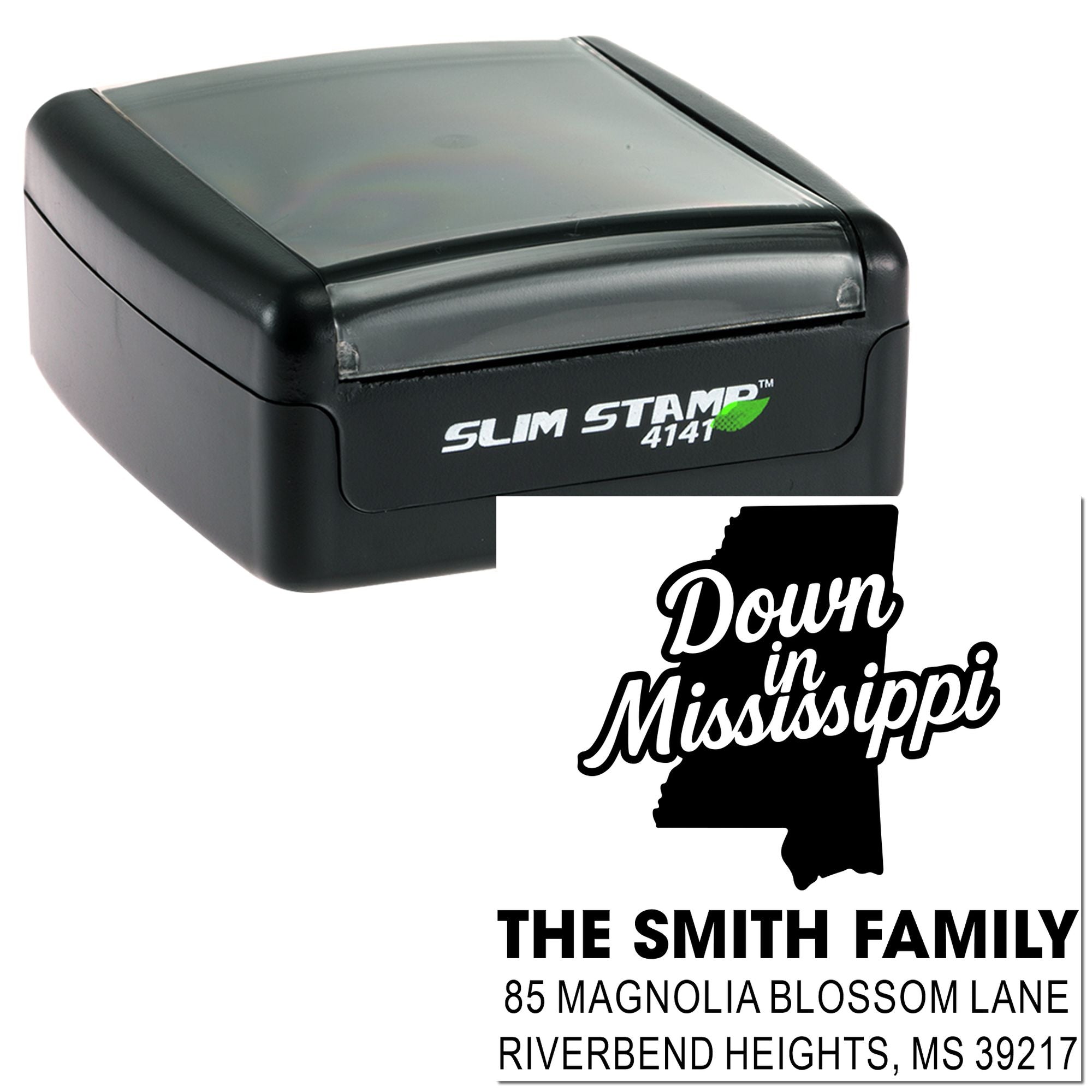 Self-inking custom rubber address stamp with Mississippi family return address design