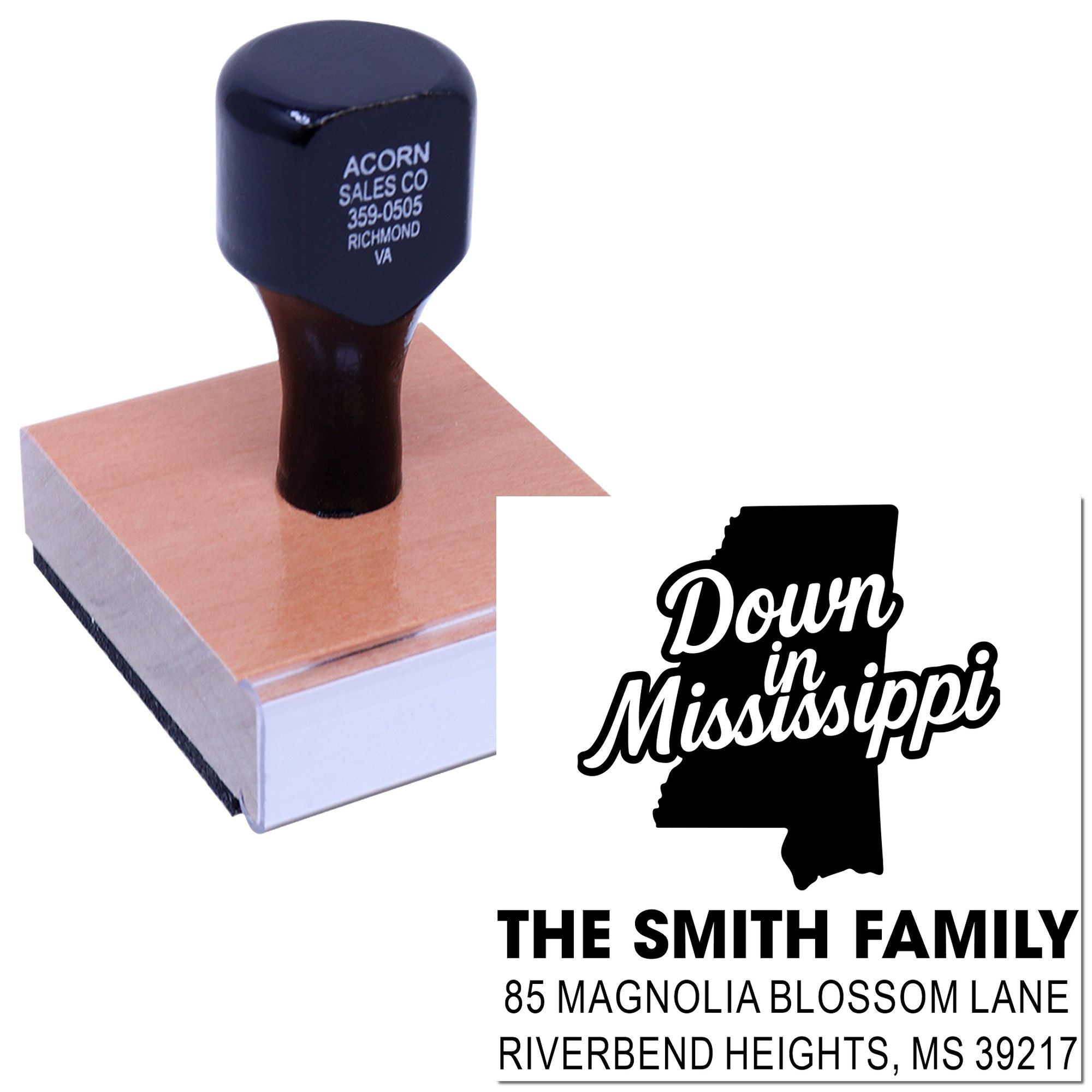 Custom rubber stamp for personalized mail with Mississippi family address design and Down in Mississippi return address.