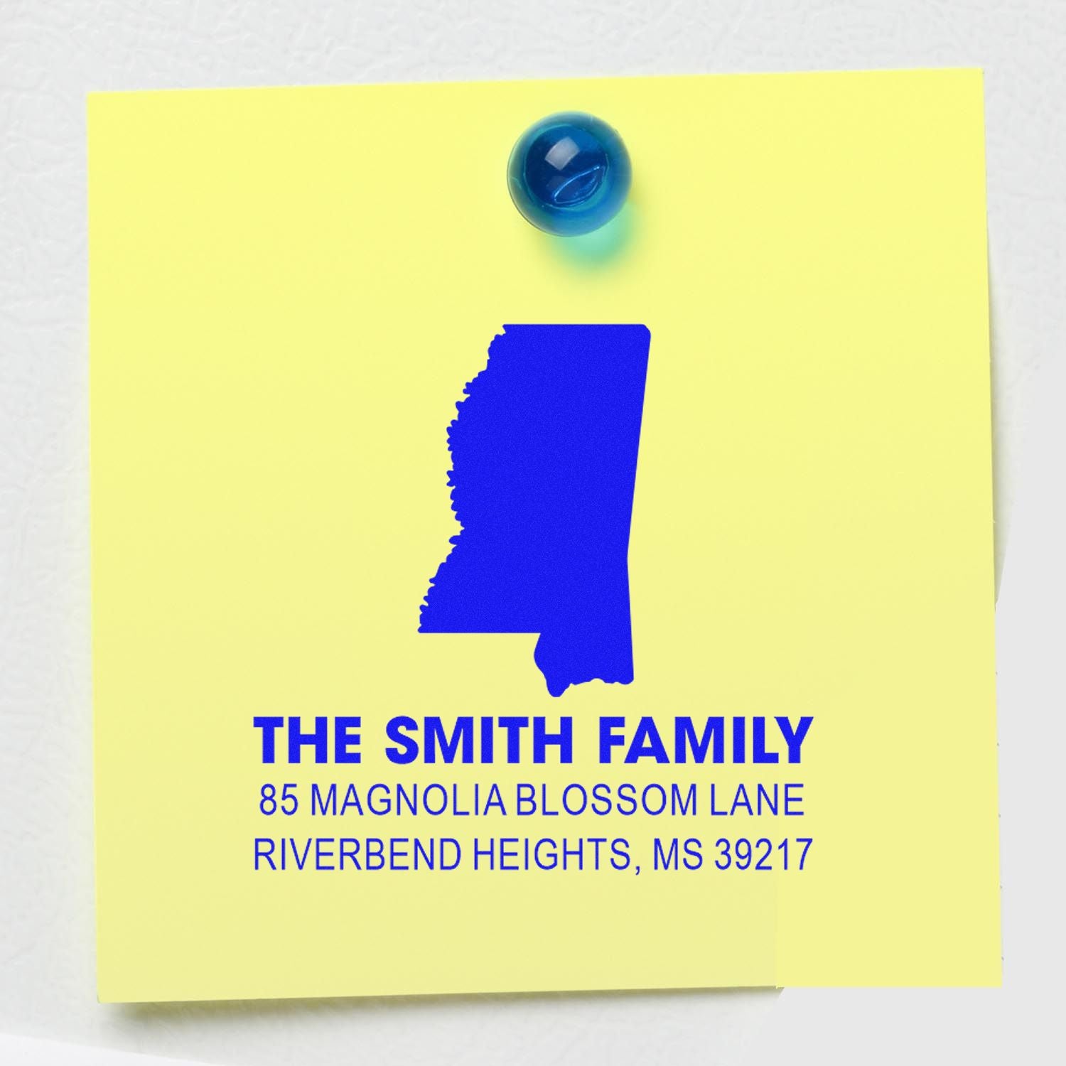 Custom family address rubber stamp with Mississippi state outline and Smith family mailing address.