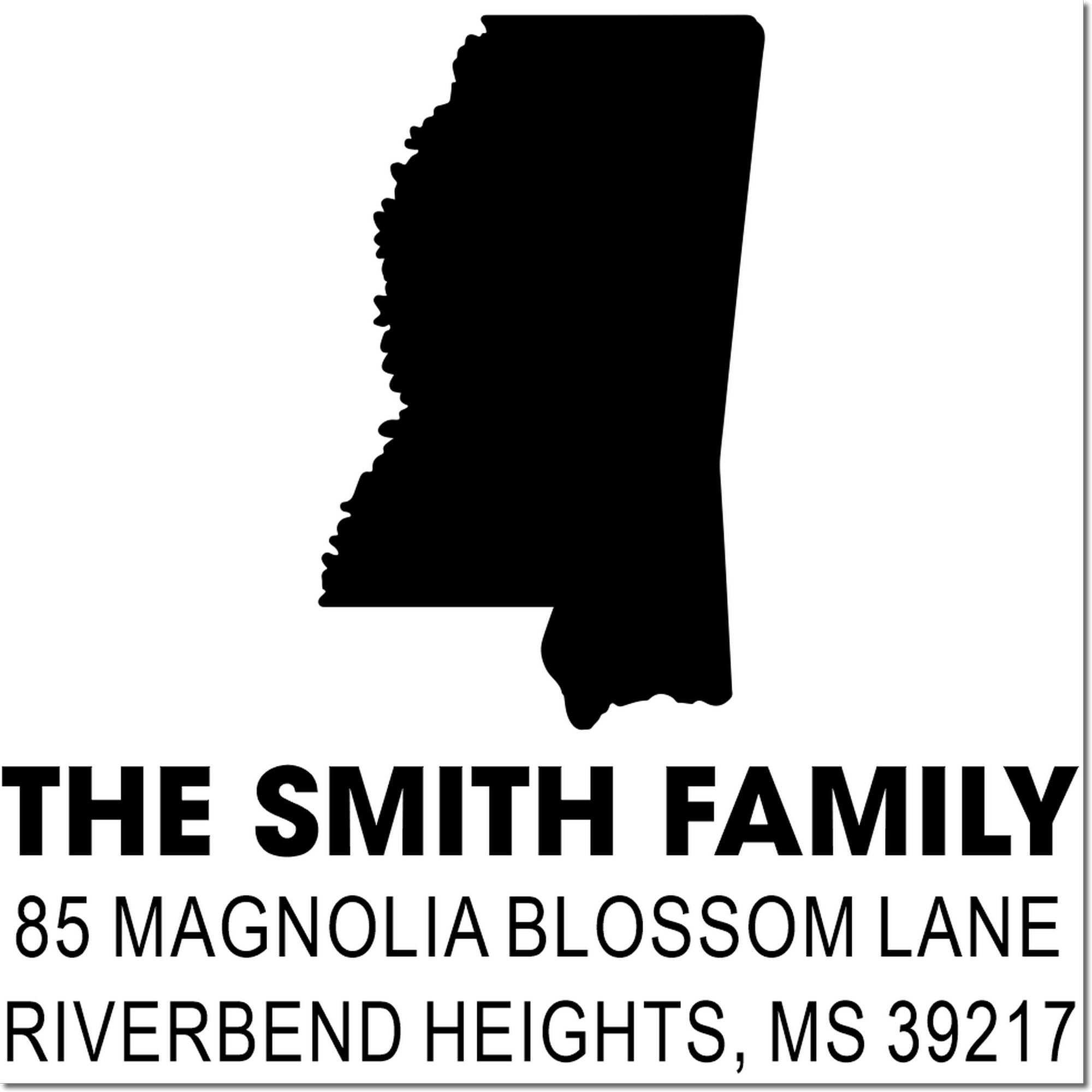 Custom Mississippi return address rubber stamp for The Smith Family, 85 Magnolia Blossom Lane, Riverbend Heights, MS.