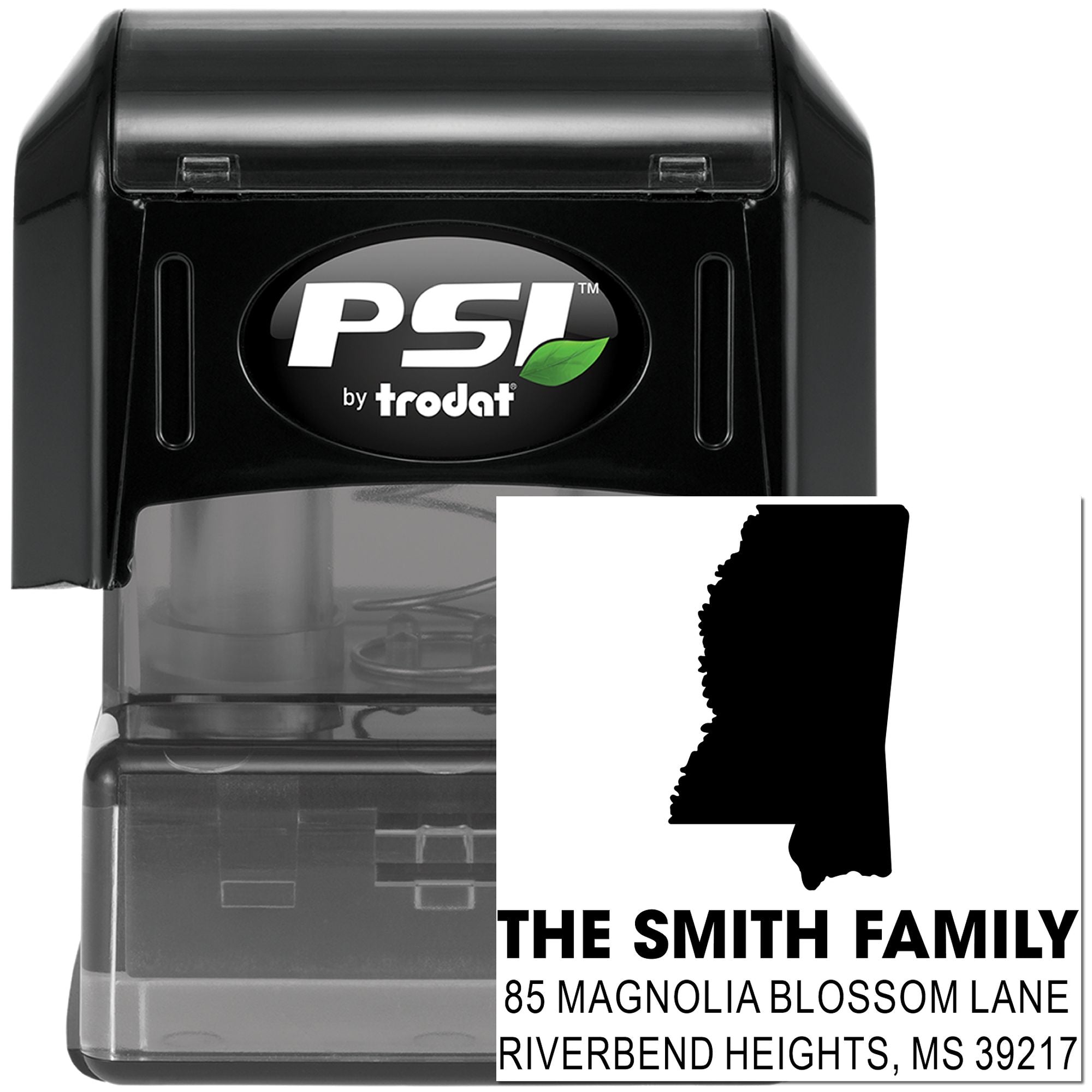 PSI by Trodat custom self-inking address stamp with Mississippi state outline and The Smith Family return address.