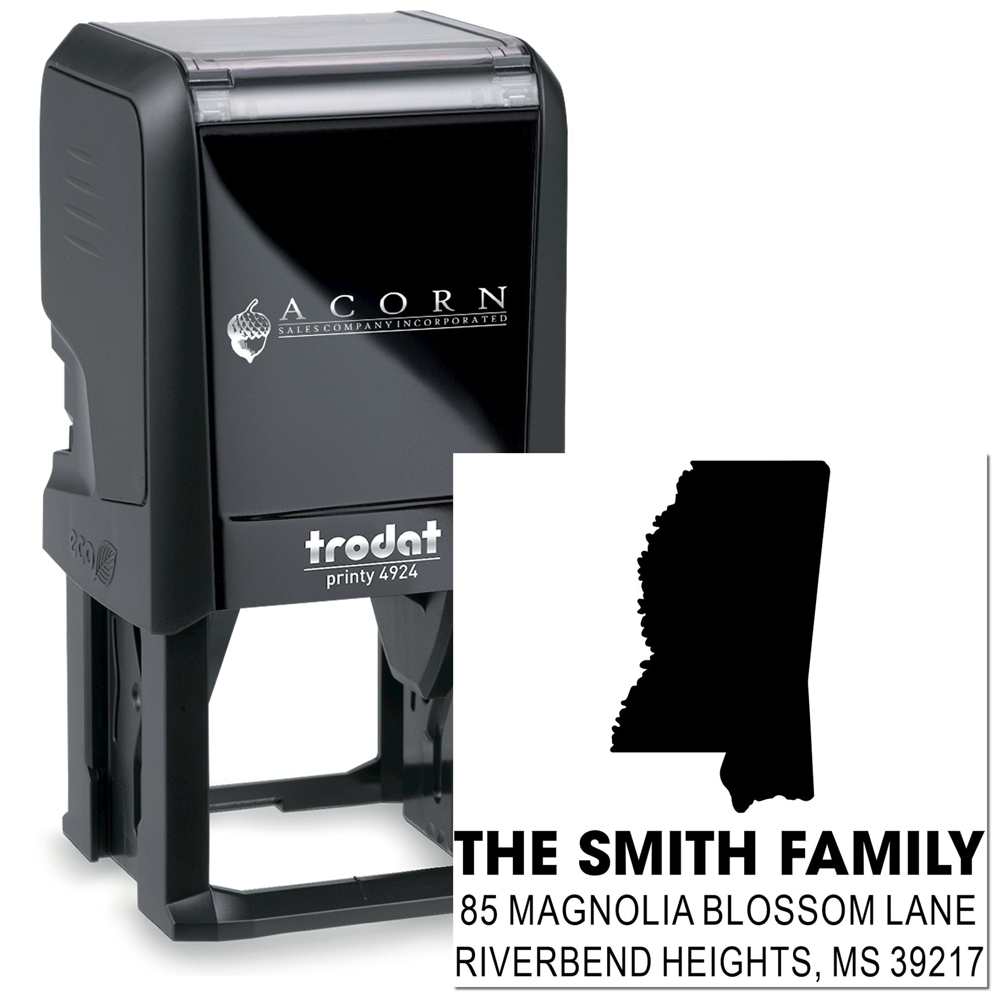 Custom self-inking rubber return address stamp with Mississippi silhouette for Smith family mail.