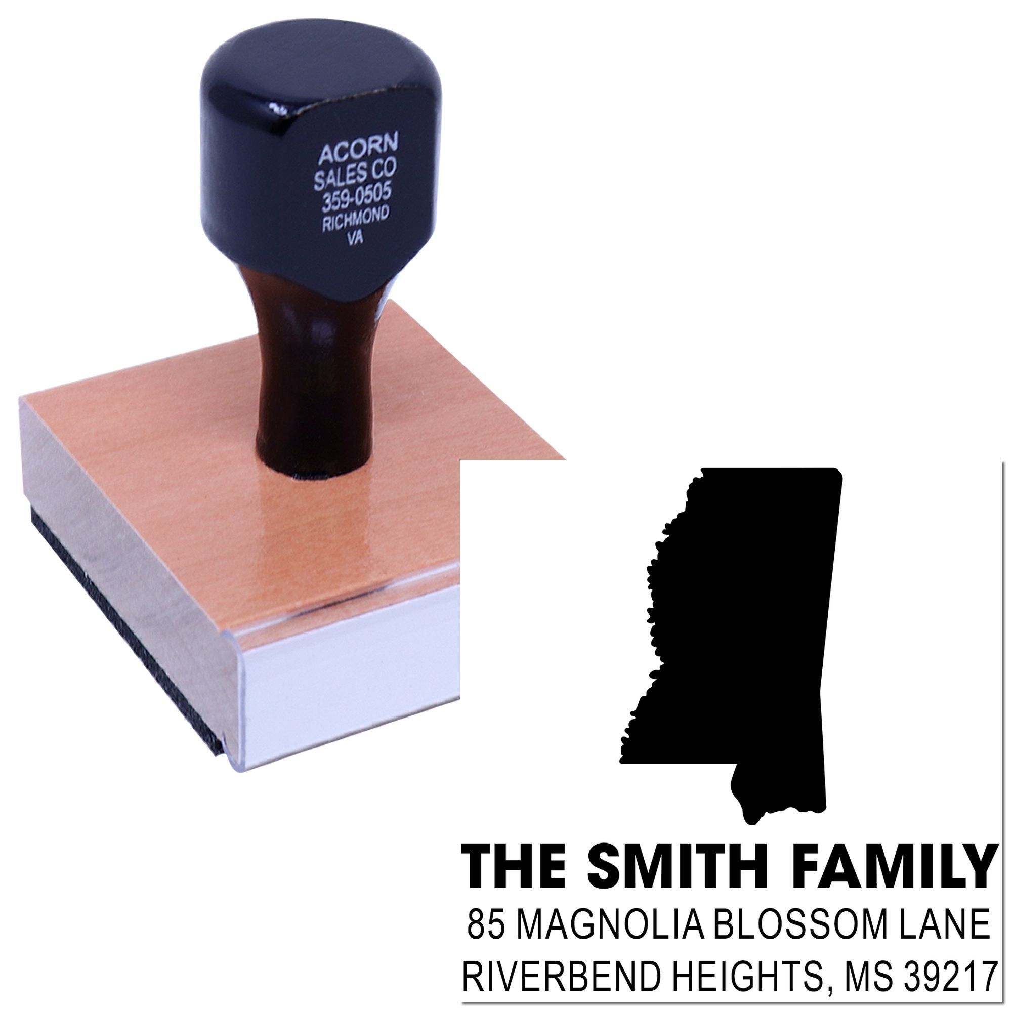 Custom return address rubber stamp with family name, street address, and Mississippi silhouette for mailing envelopes.