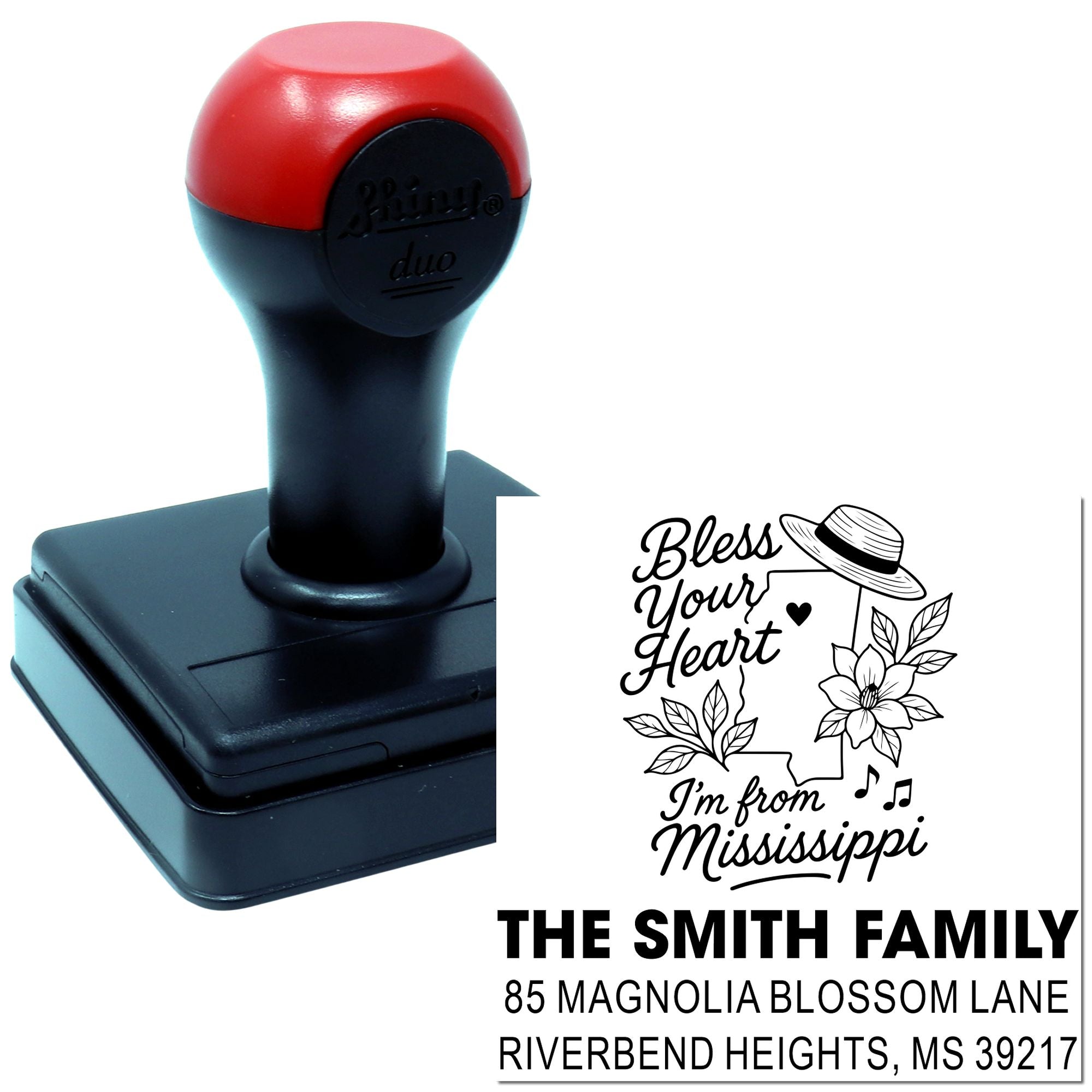Custom self-inking rubber stamp with personalized Mississippi return address and Bless Your Heart family design for mailing labels.