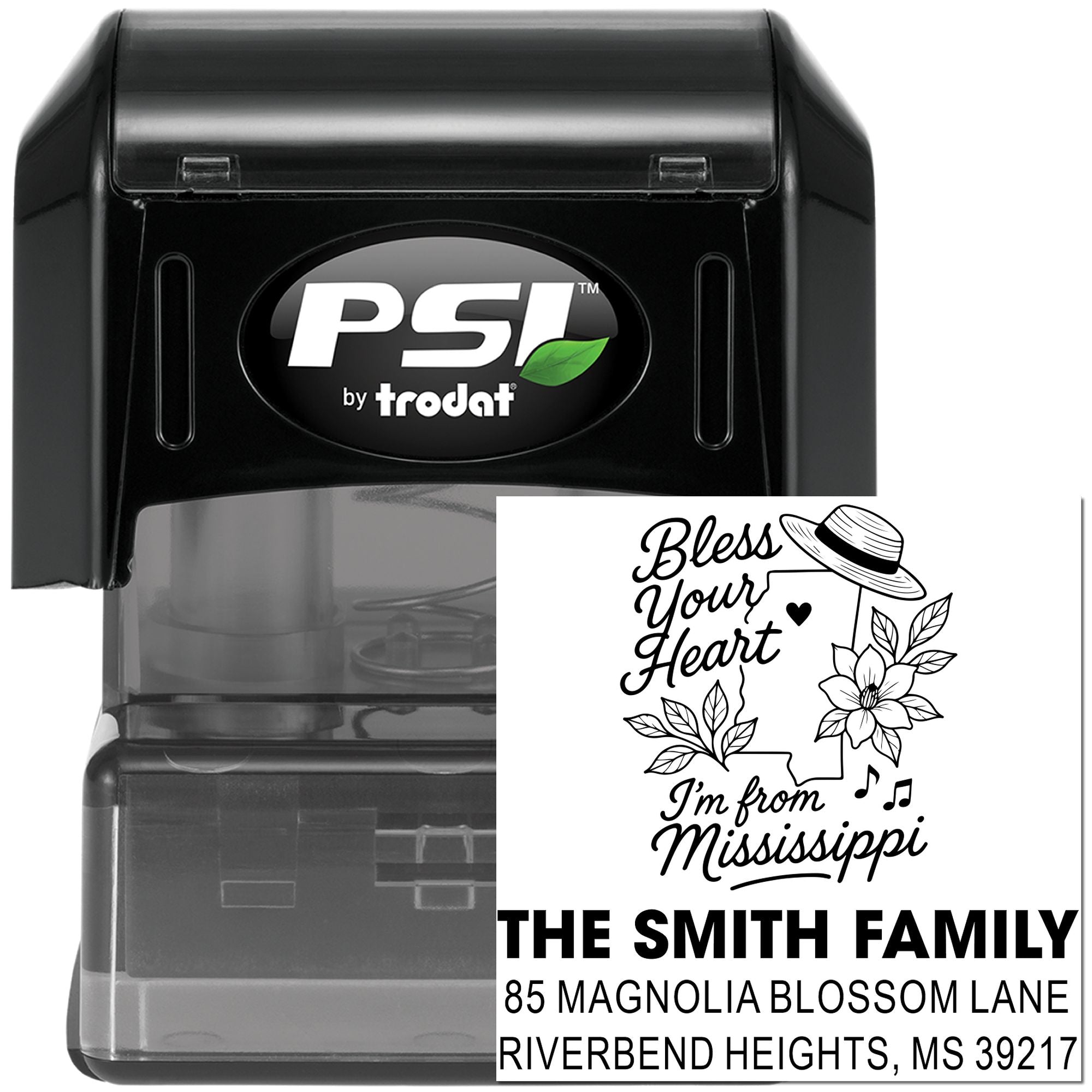 Custom self-inking rubber stamp with Bless Your Heart Im from Mississippi and Smith family address design.