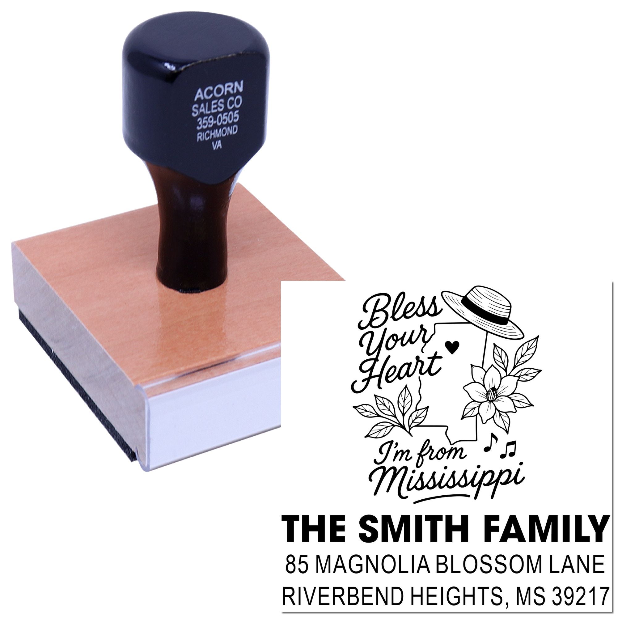 Custom rubber stamp with personalized family address and Mississippi design for stationery, crafts, and return labels.