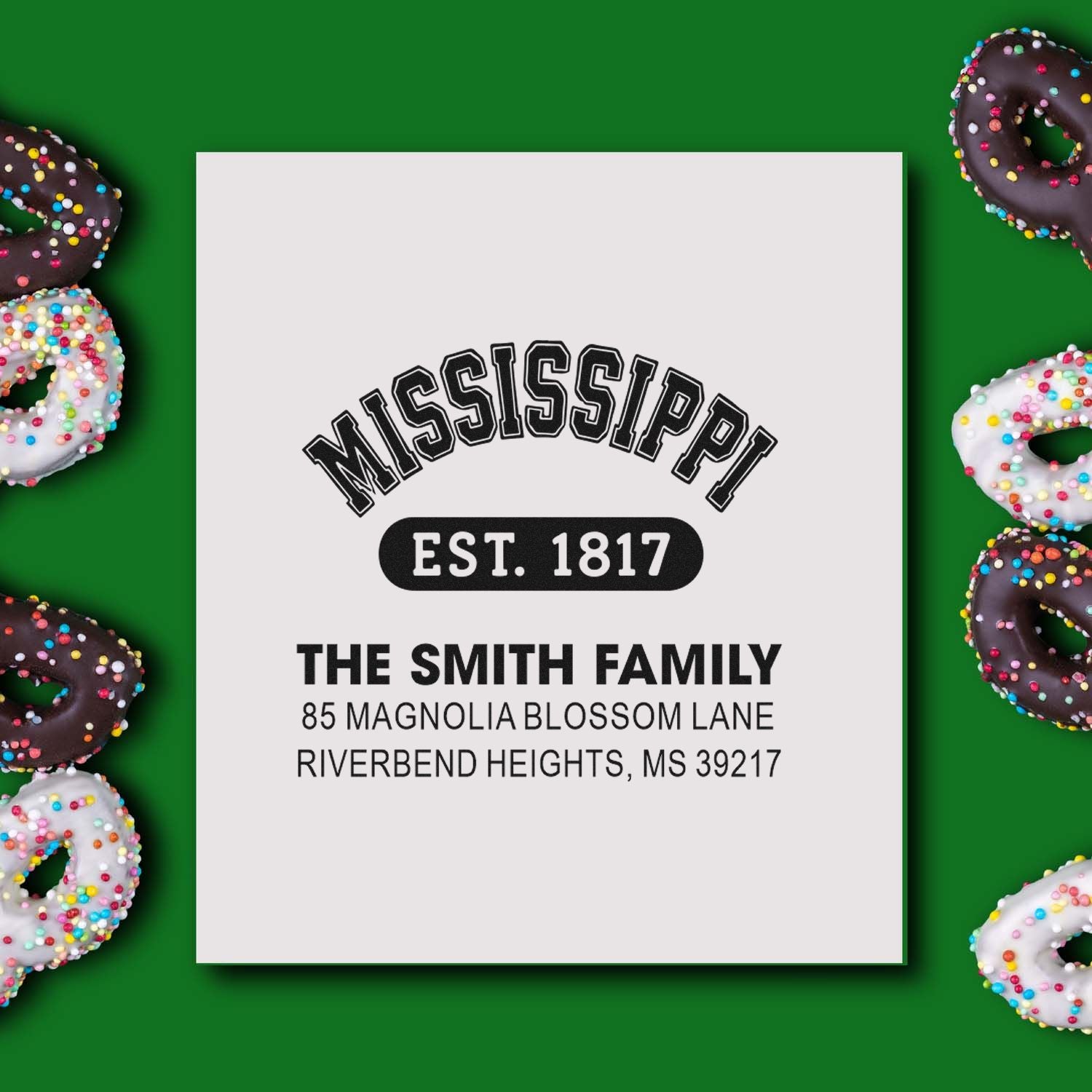 Custom Mississippi return address rubber stamp for the Smith family, EST. 1817, with personalized mailing address.