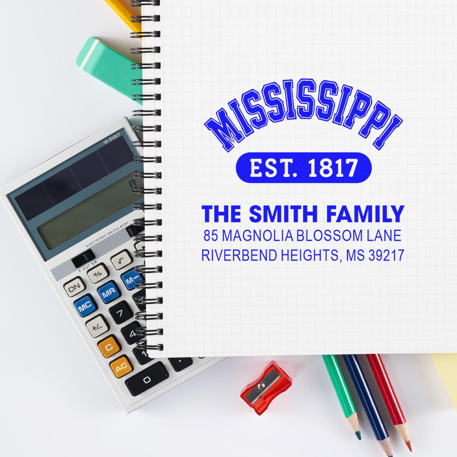 Personalized rubber stamp mockup with family name, established date, and return address for custom mailing use.