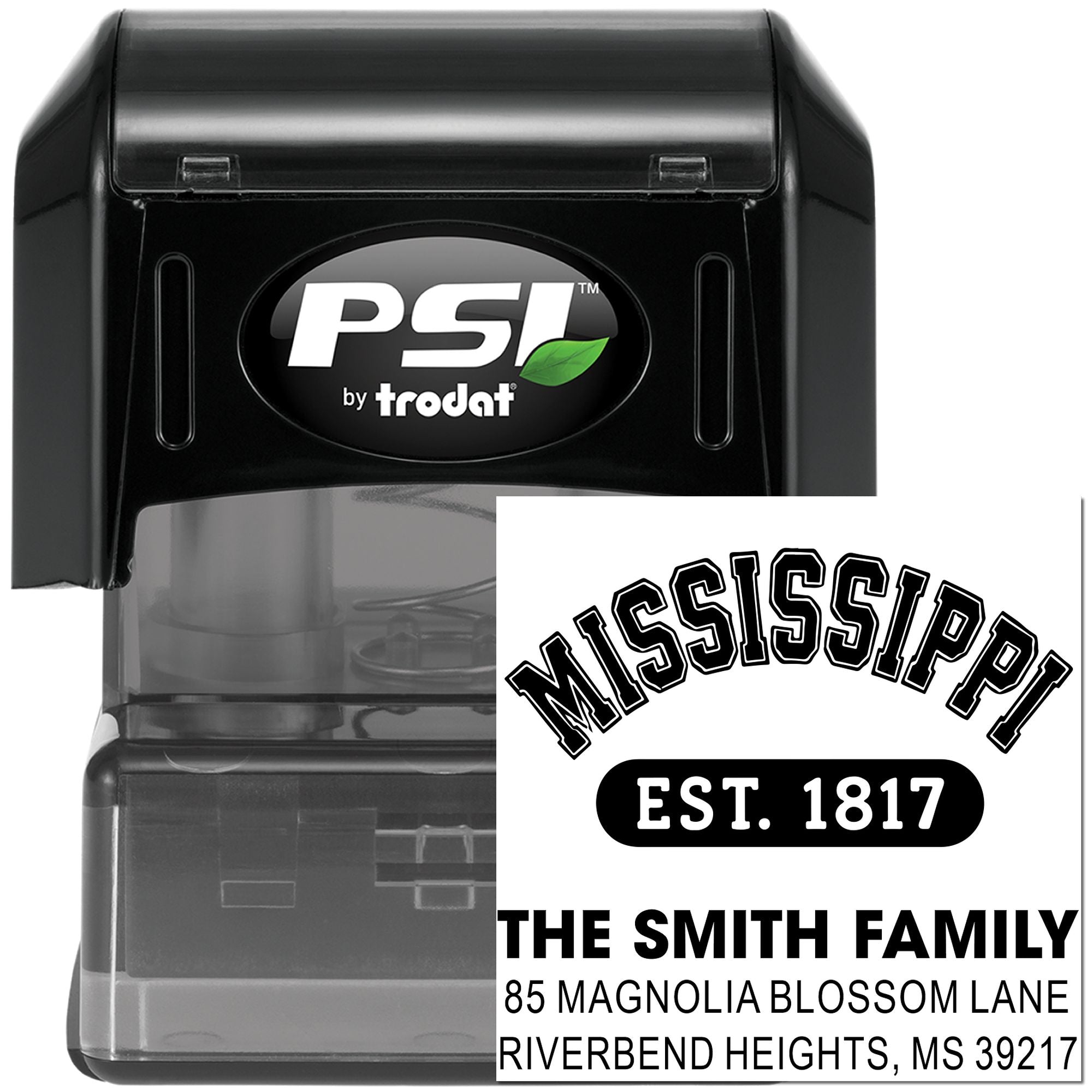 Self-inking PSI by Trodat custom address rubber stamp with Mississippi family name imprint and Est. 1817 design.