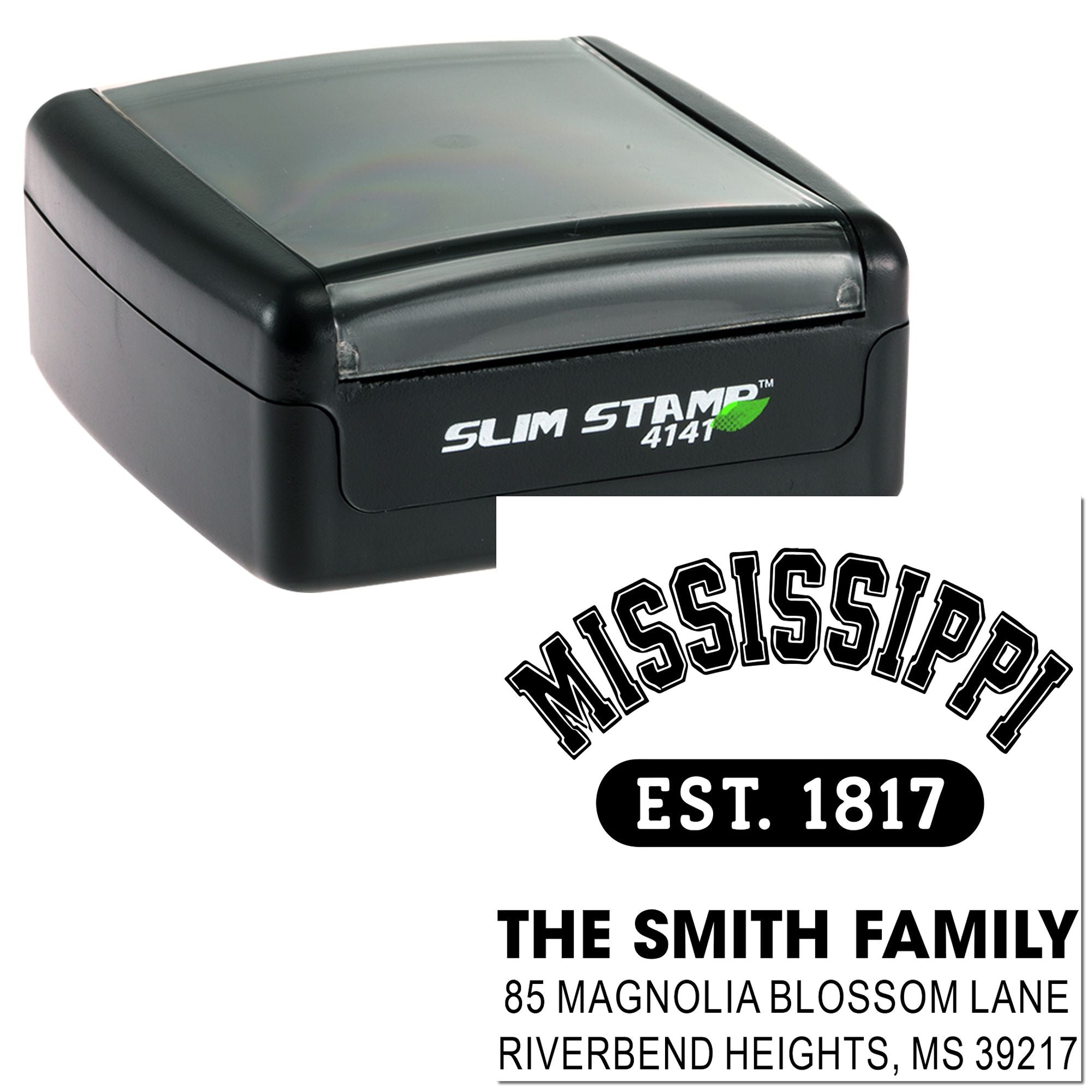 Custom self-inking rubber stamp for Mississippi family return address, featuring The Smith Family and Est. 1817.