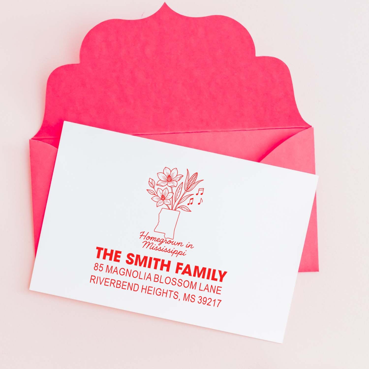 Custom return address rubber stamp for wedding invitations, with floral Mississippi design for personalized mailing.