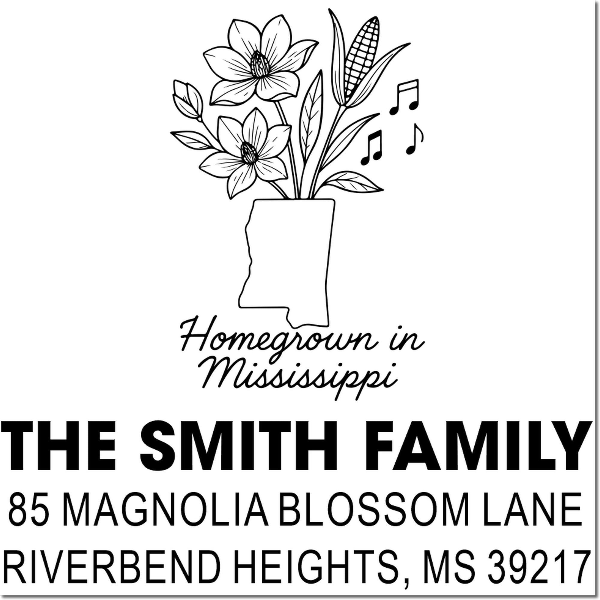 Custom Mississippi return address rubber stamp with floral state outline and Homegrown in Mississippi design.