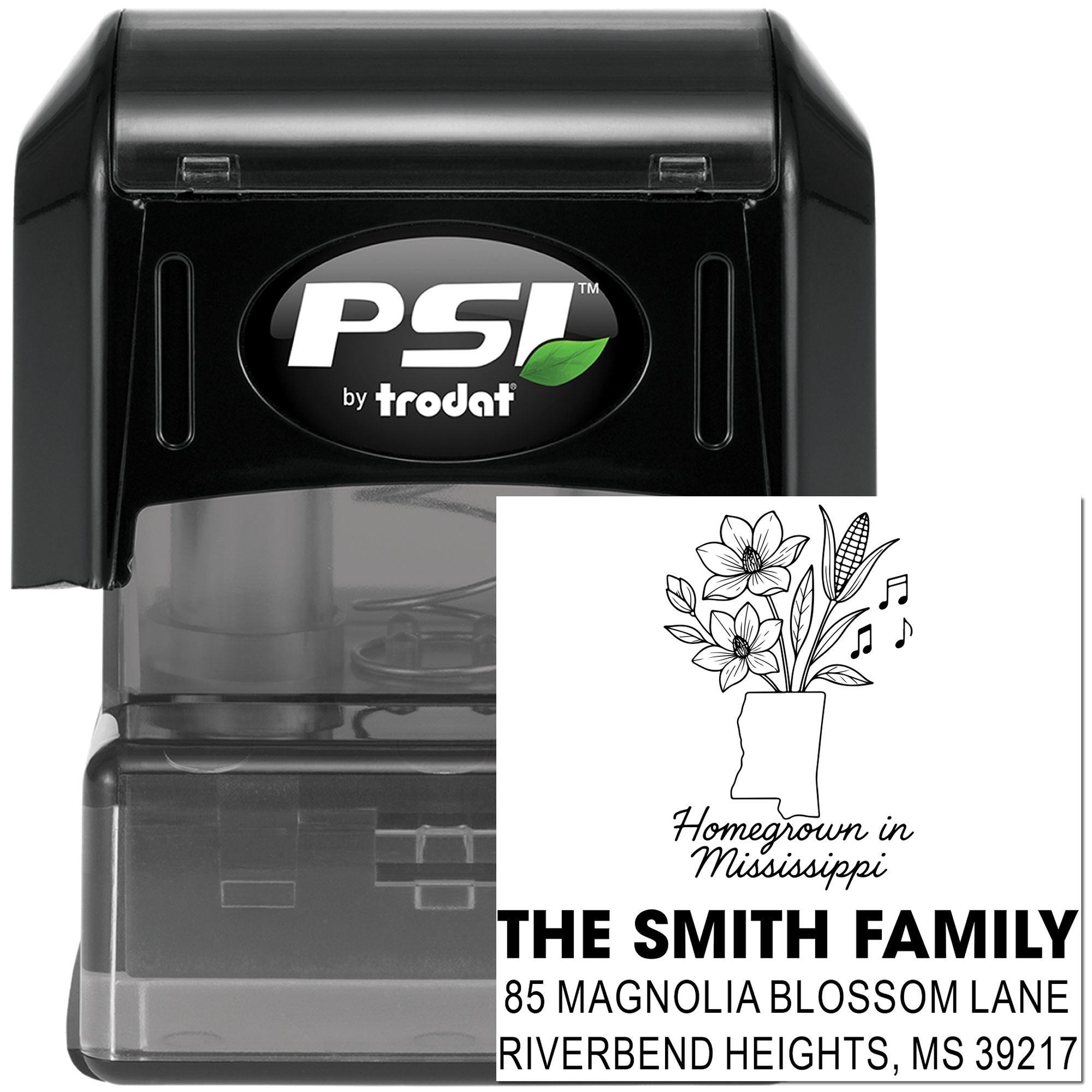 Custom self-inking rubber stamp by PSI Trodat with Mississippi floral return address design for personalized mailing.