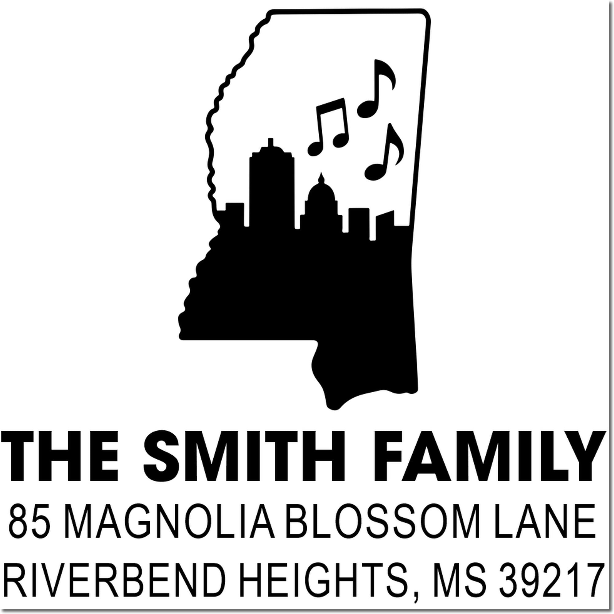 Custom Mississippi family address rubber stamp with skyline and music notes for The Smith Family, Riverbend Heights, MS 39217.