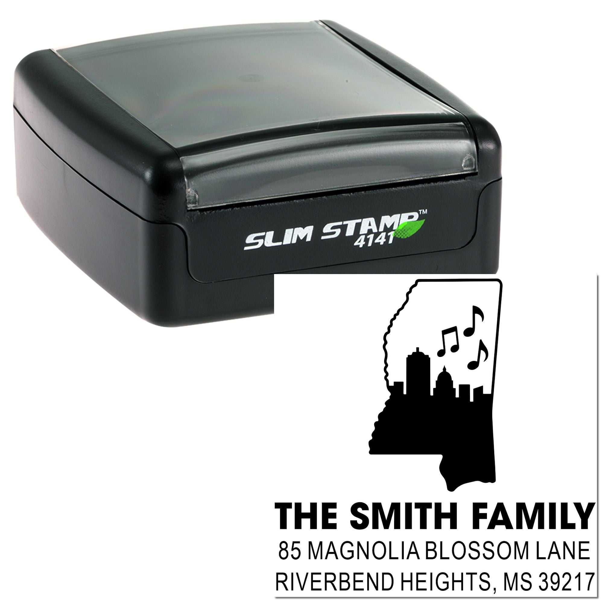 Custom self-inking rubber address stamp for The Smith Family with Mississippi skyline design and 39217 ZIP code.