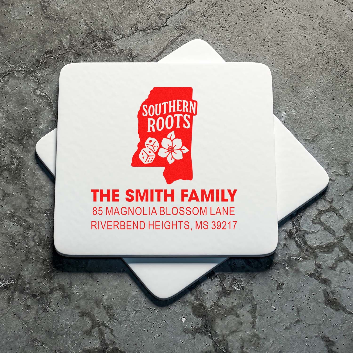 Custom Southern Roots family return address rubber stamp with Mississippi state design for personalized mailing.