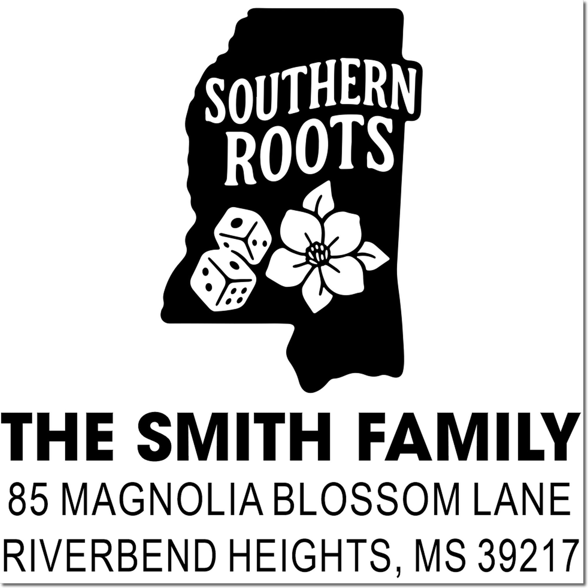 Custom Mississippi return address rubber stamp with Southern Roots design for The Smith Family, Magnolia Blossom Lane.