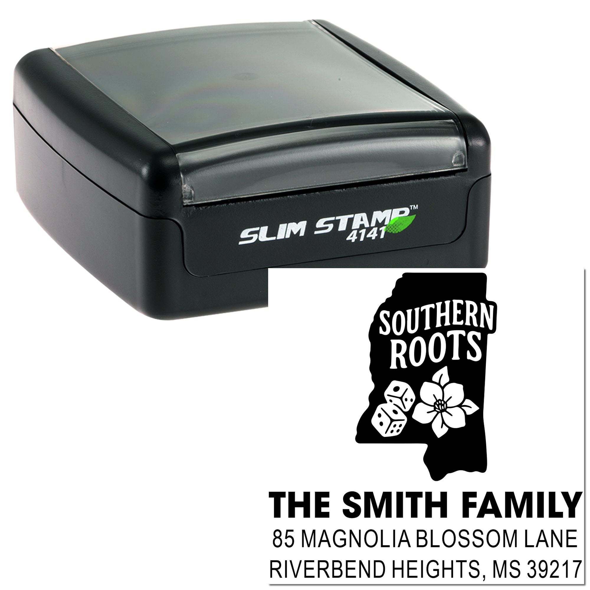Custom self-inking rubber stamp with Southern Roots design, Smith family name, and return address for personalized mailing.