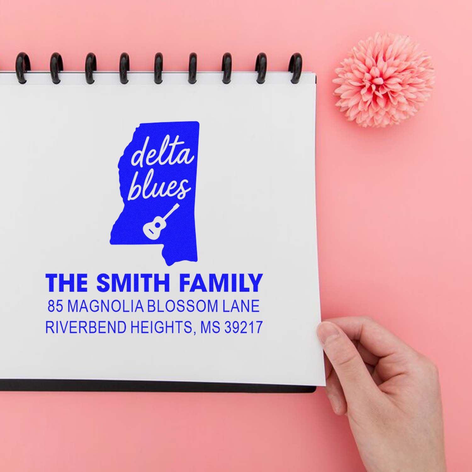 Custom rubber address stamp for The Smith Family featuring Mississippi state silhouette and Delta Blues guitar logo.