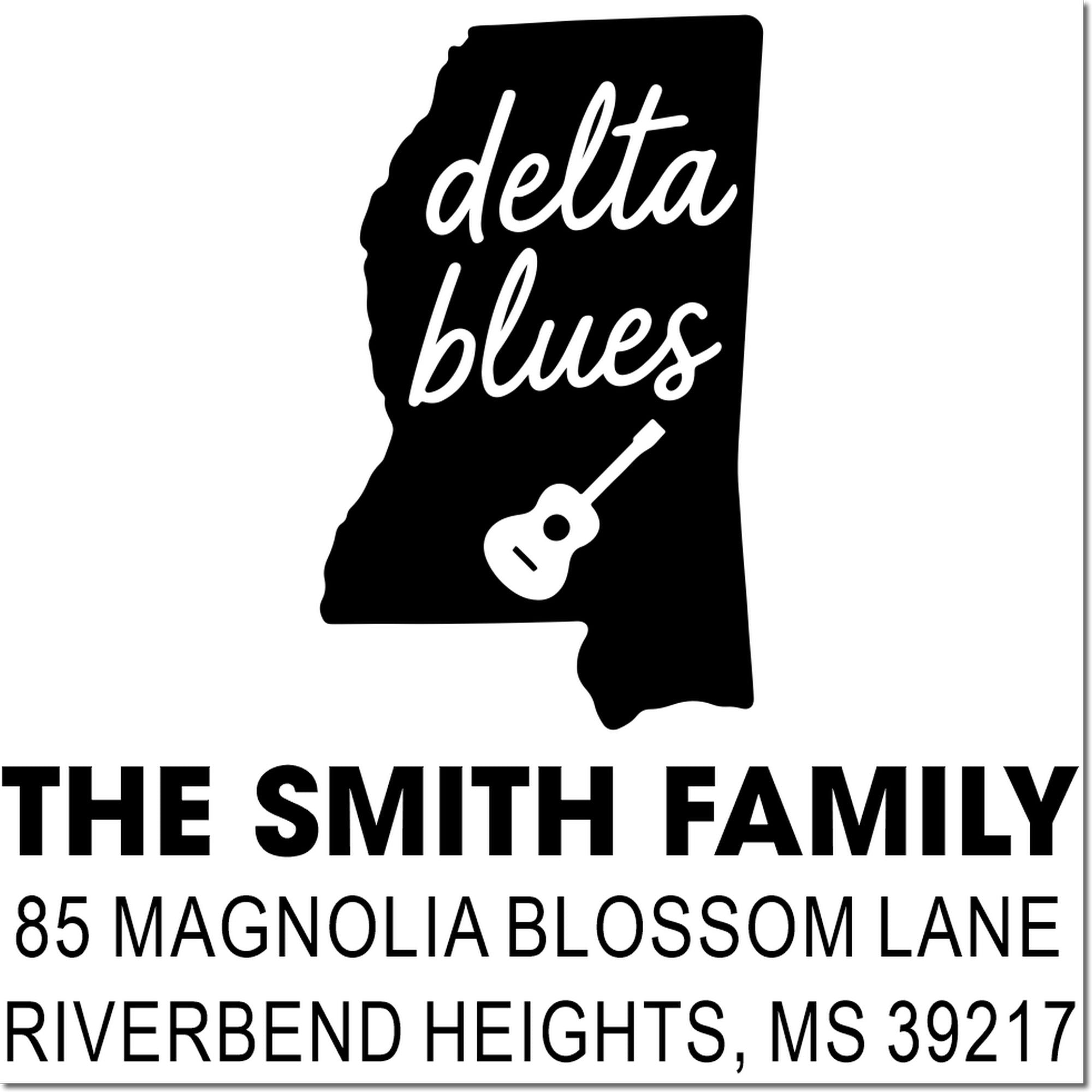 Custom Mississippi delta blues address rubber stamp with guitar graphic for The Smith Family, 85 Magnolia Blossom Lane, MS 39217