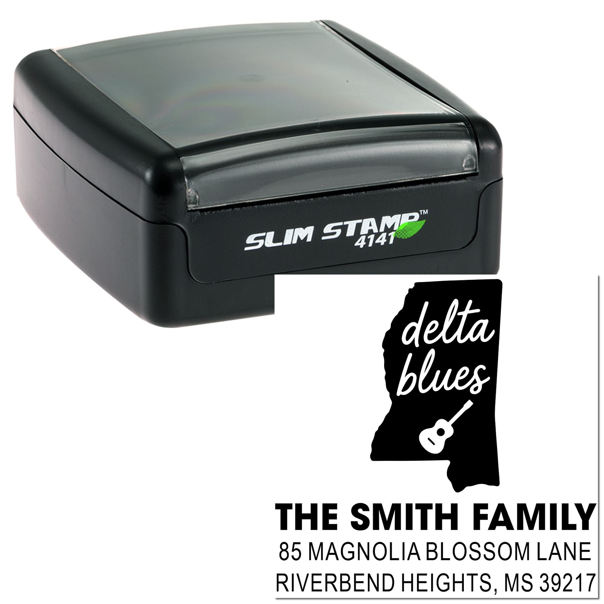 Custom self-inking address rubber stamp with Mississippi delta blues design for The Smith Family, Riverbend Heights, MS 39217