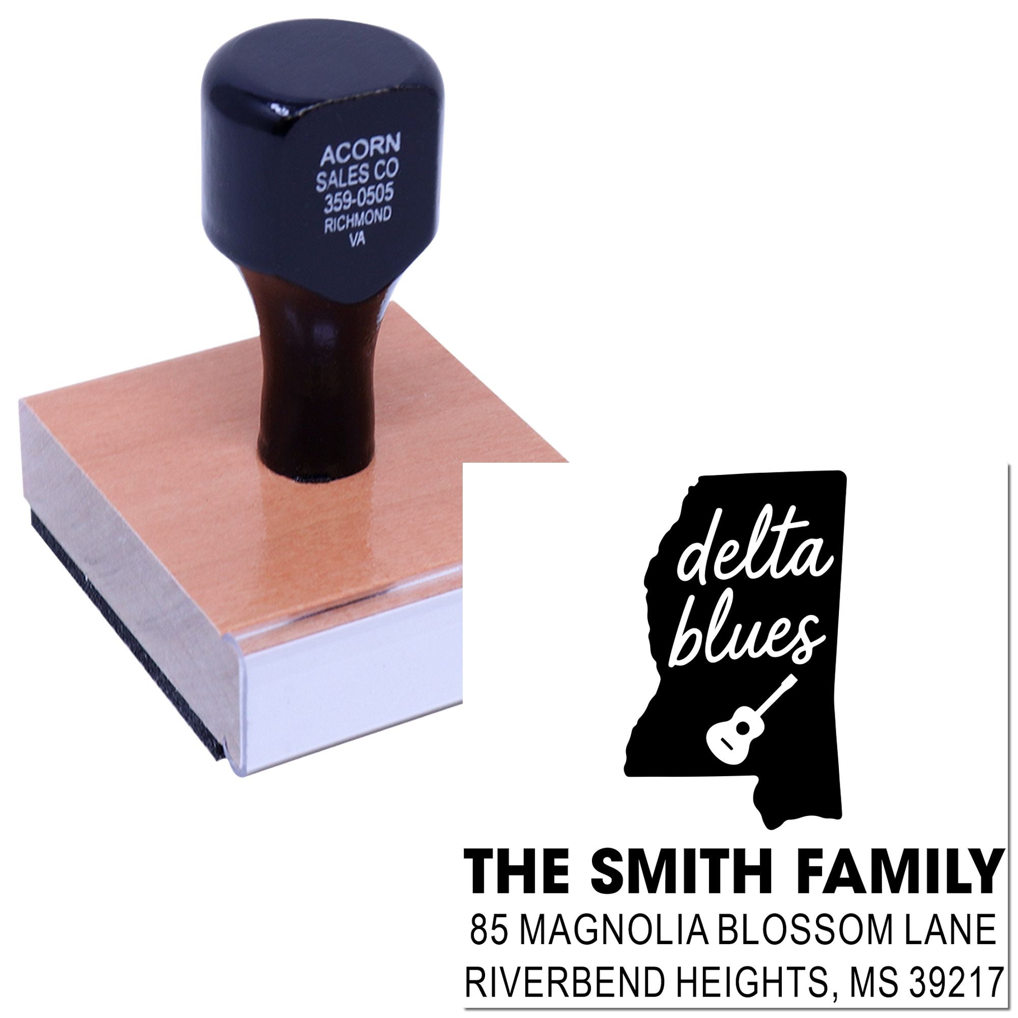 Custom return address rubber stamp for The Smith Family, featuring Delta Blues logo and Mississippi address.