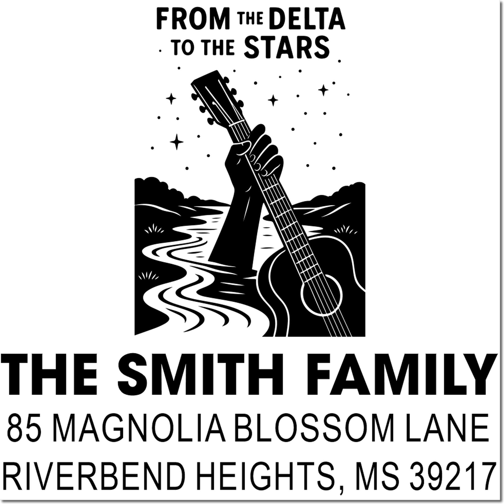 Custom Smith Family return address rubber stamp with guitar-and-river logo and From the Delta to the Stars text.