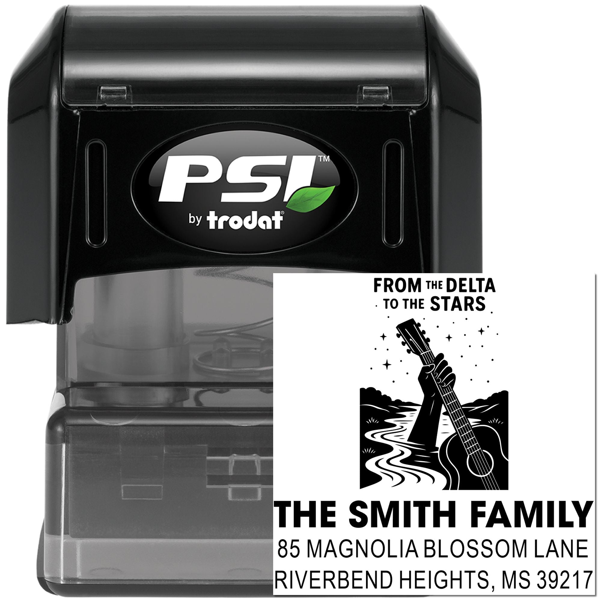 Custom self-inking rubber address stamp with guitar design for The Smith Family return address and personalized mailing use.