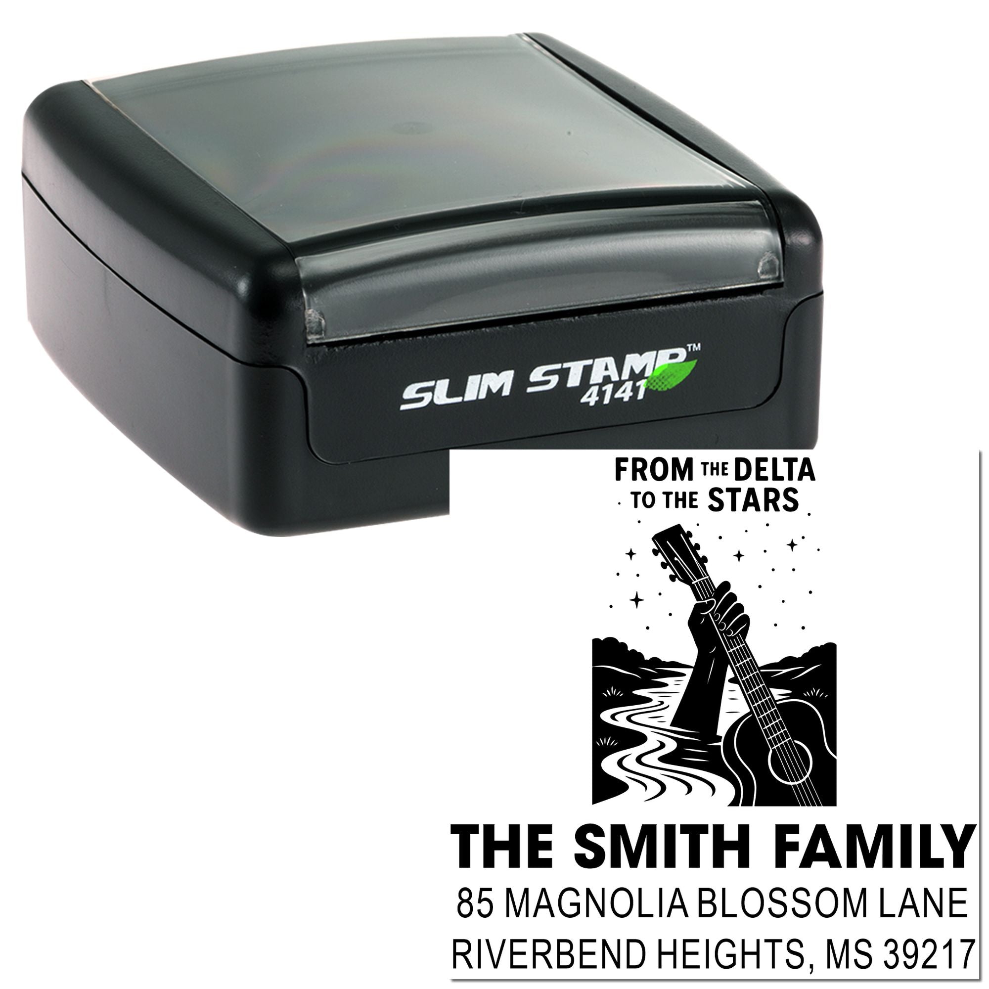 Slim Stamp 4141 custom self-inking rubber stamp with family name, address, and guitar design for personalized mail.