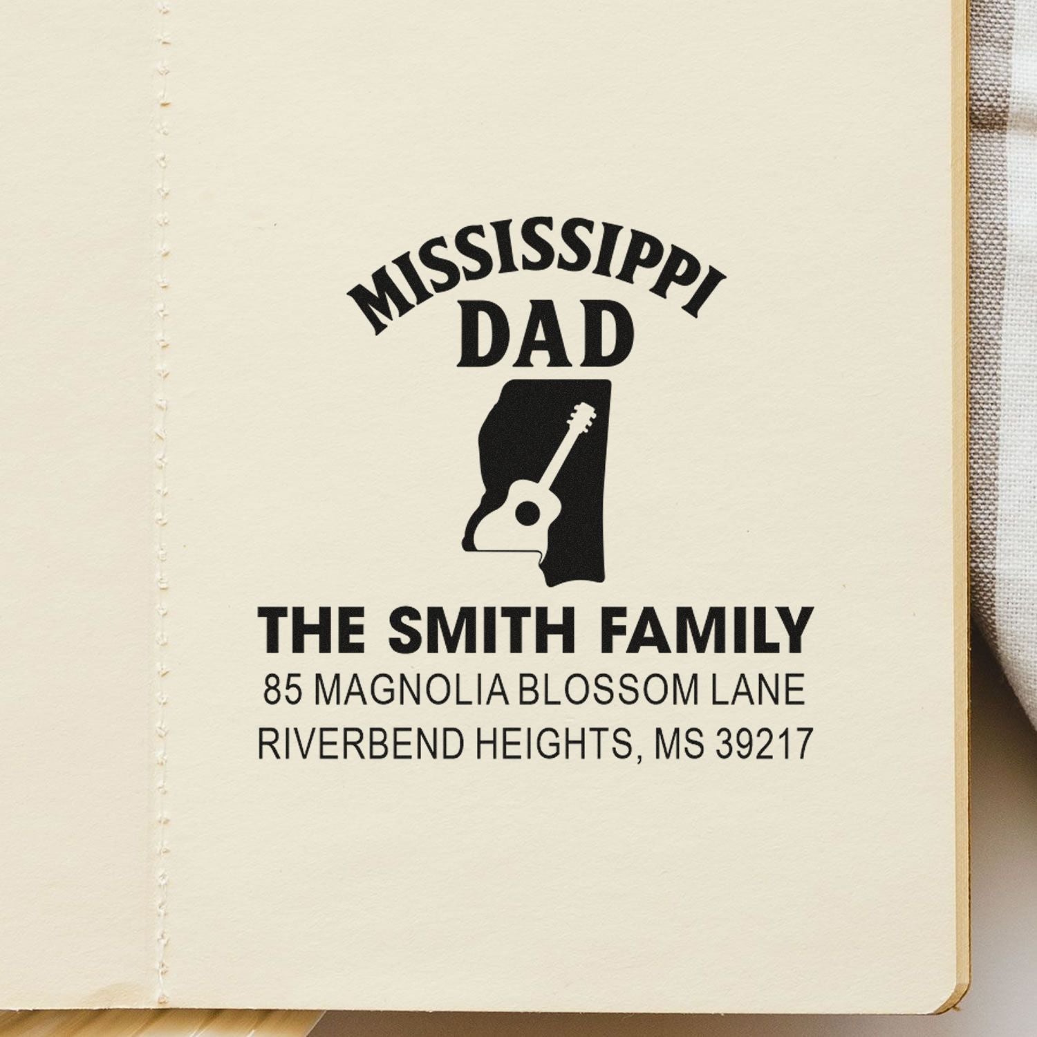 Custom Mississippi Dad family return address rubber stamp with Mississippi state and guitar design.