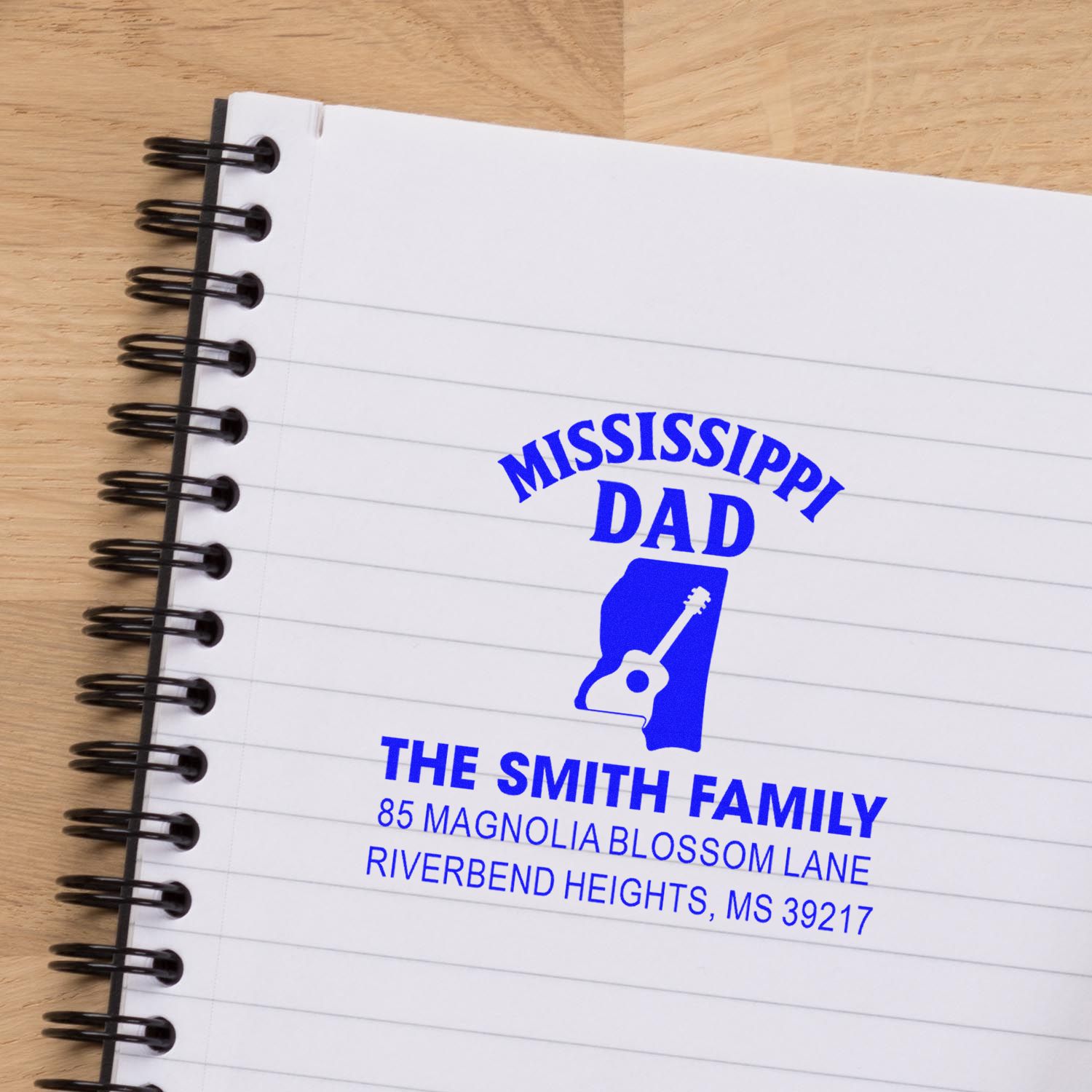 Custom Mississippi Dad rubber stamp with state icon, family name, and address for personalized stationery.