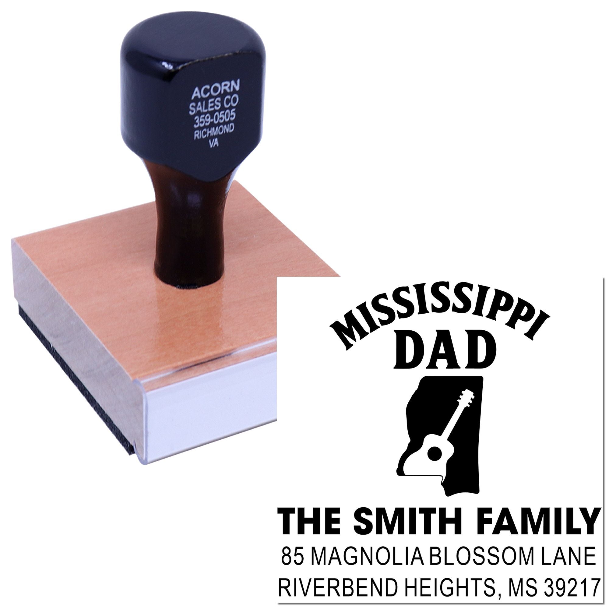Custom Mississippi Dad return address rubber stamp with family name, address, and guitar state design for mail and personal use.