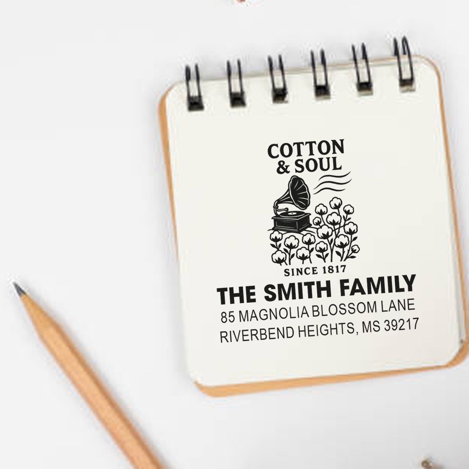 Custom personalized address rubber stamp with Cotton & Soul logo for family mailing labels and stationery.