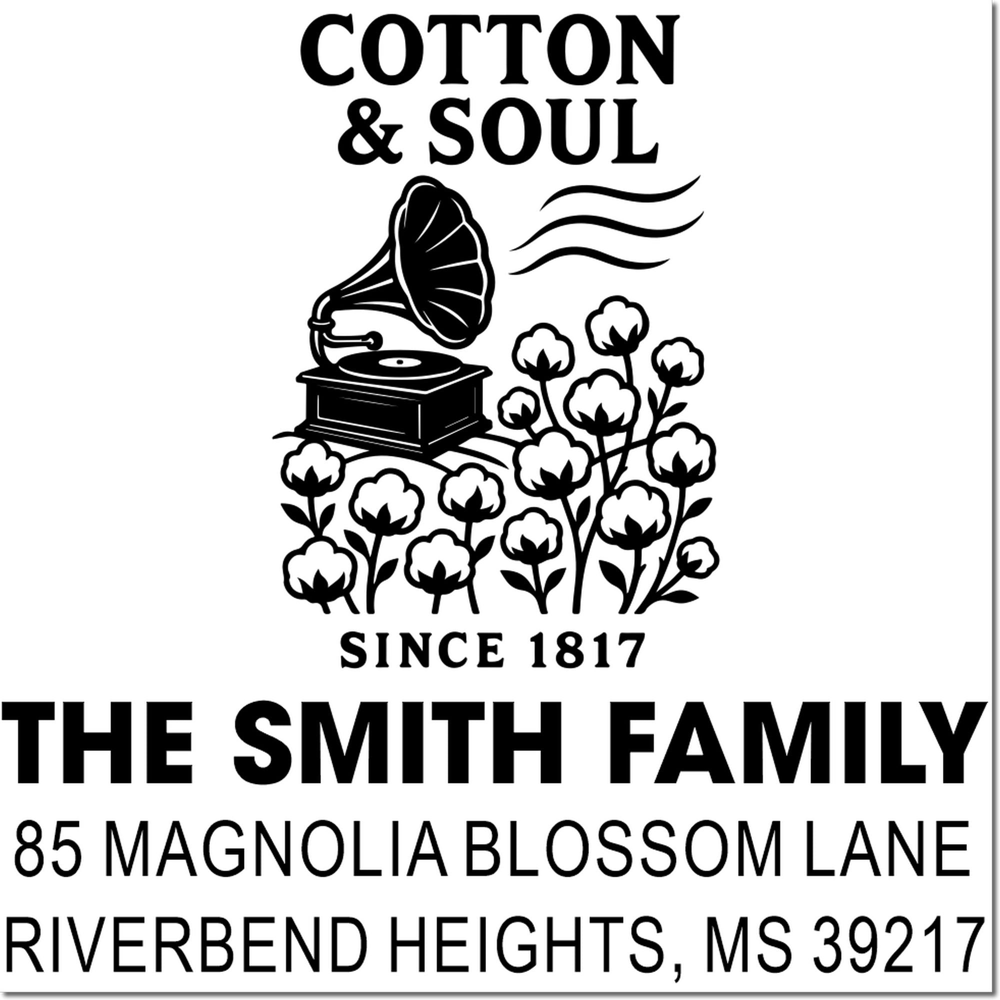 Custom family address rubber stamp with cotton and soul, gramophone art, cotton blooms, The Smith Family name and address.