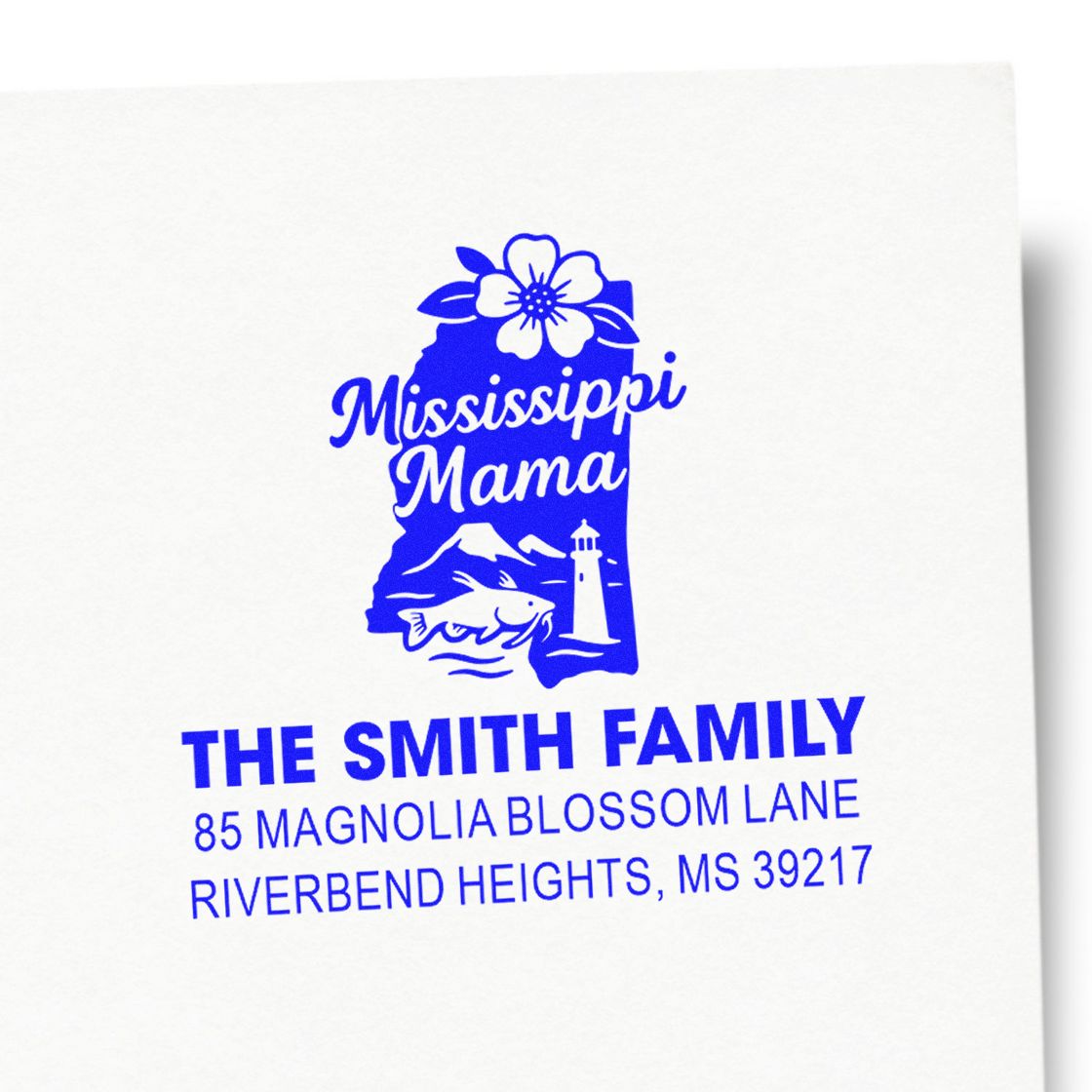 Custom Mississippi Mama return address rubber stamp for The Smith Family with personalized name and address.
