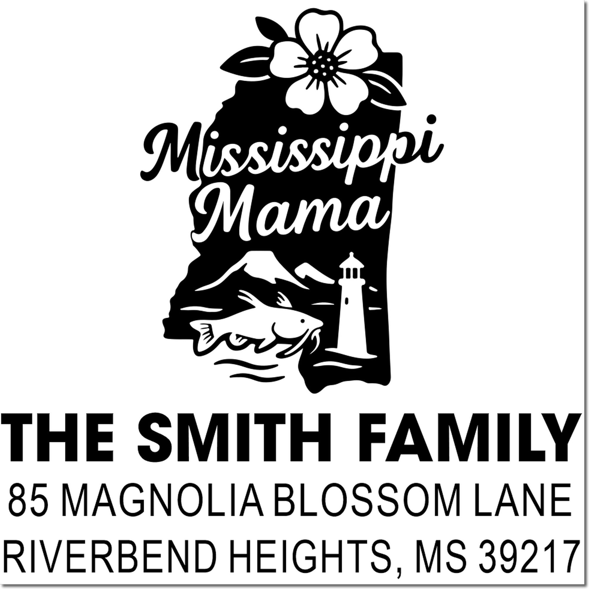 Custom Mississippi Mama rubber address stamp for The Smith Family, Riverbend Heights, MS 39217