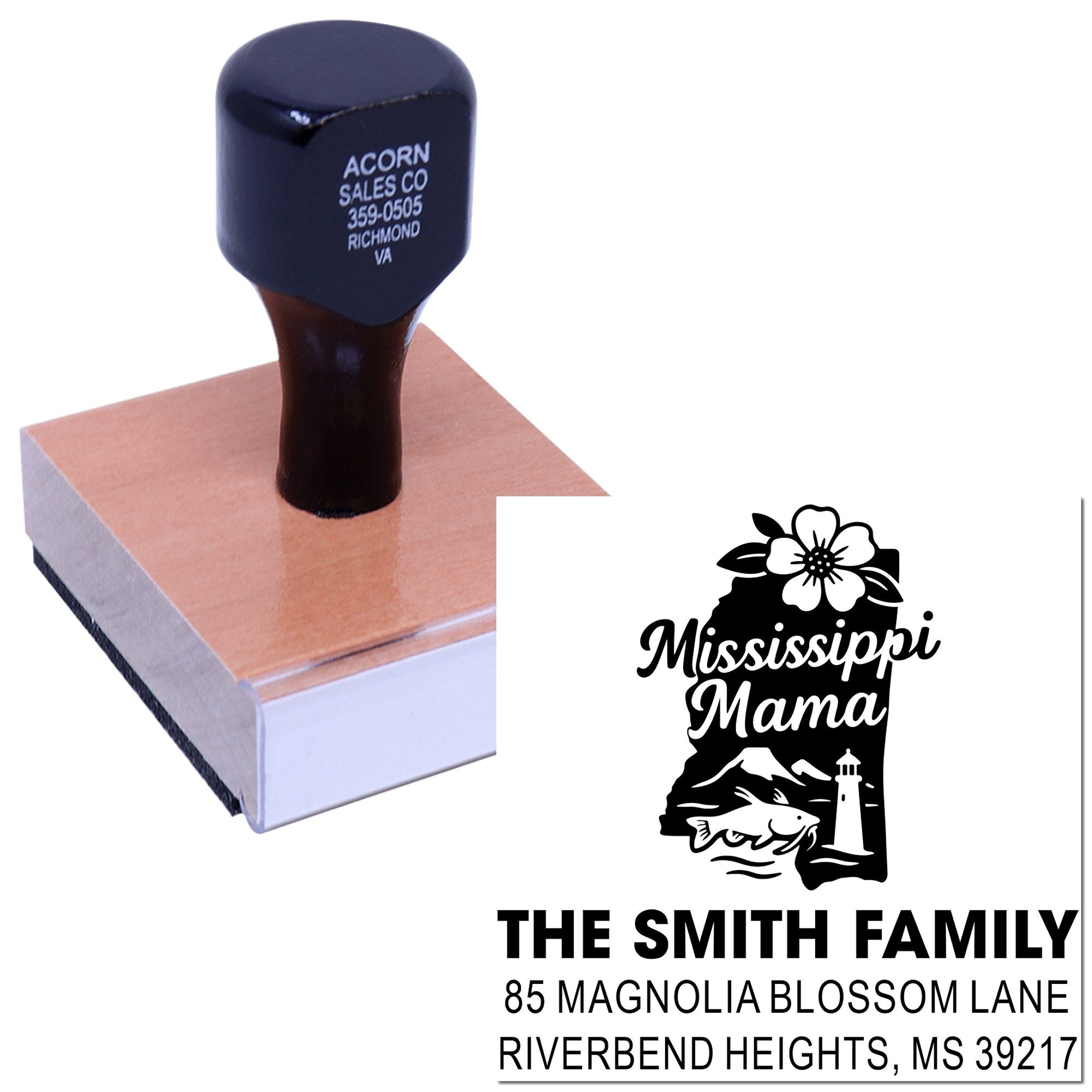 Custom wooden rubber return address stamp with Mississippi Mama design and family mailing address